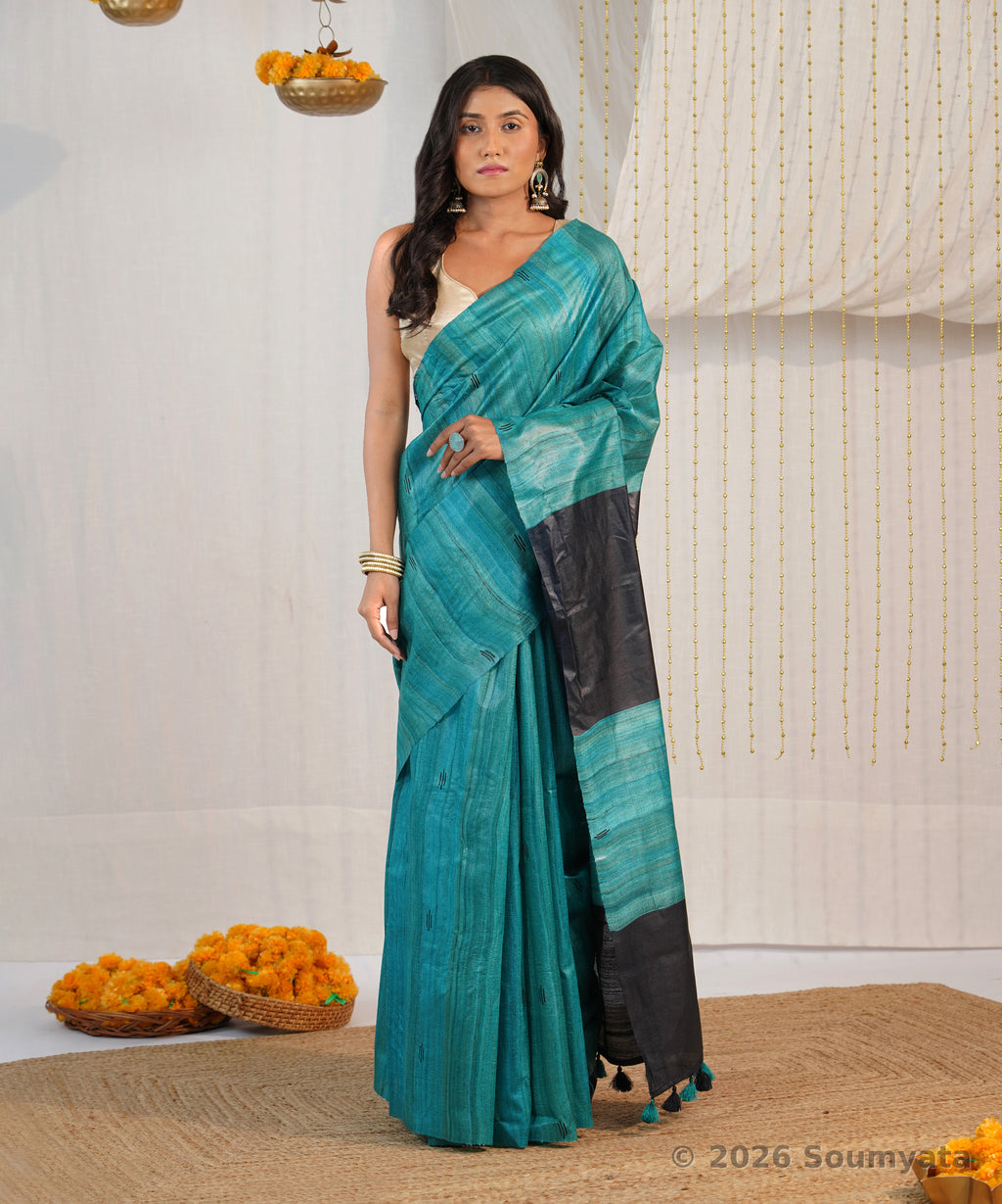 Teal Tussar Ghicha Silk Saree with Black Pallu – Bhagalpuri Handloom