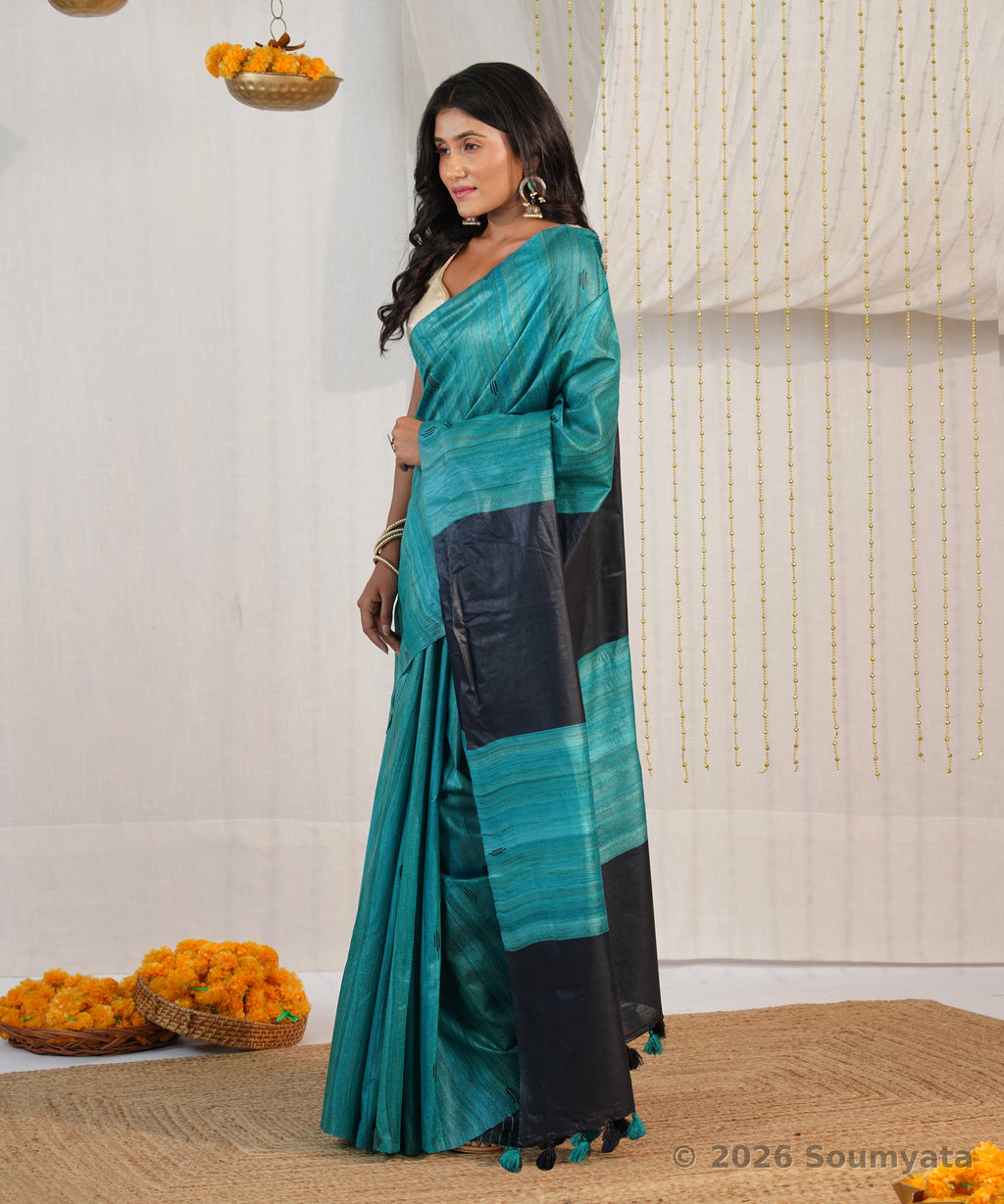Teal Tussar Ghicha Silk Saree with Black Pallu – Bhagalpuri Handloom