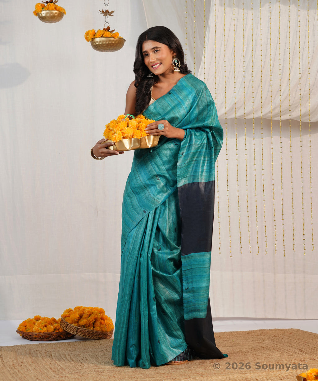 Teal Tussar Ghicha Silk Saree with Black Pallu – Bhagalpuri Handloom