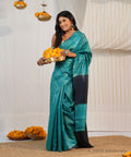 Teal Tussar Ghicha Silk Saree with Black Pallu – Bhagalpuri Handloom