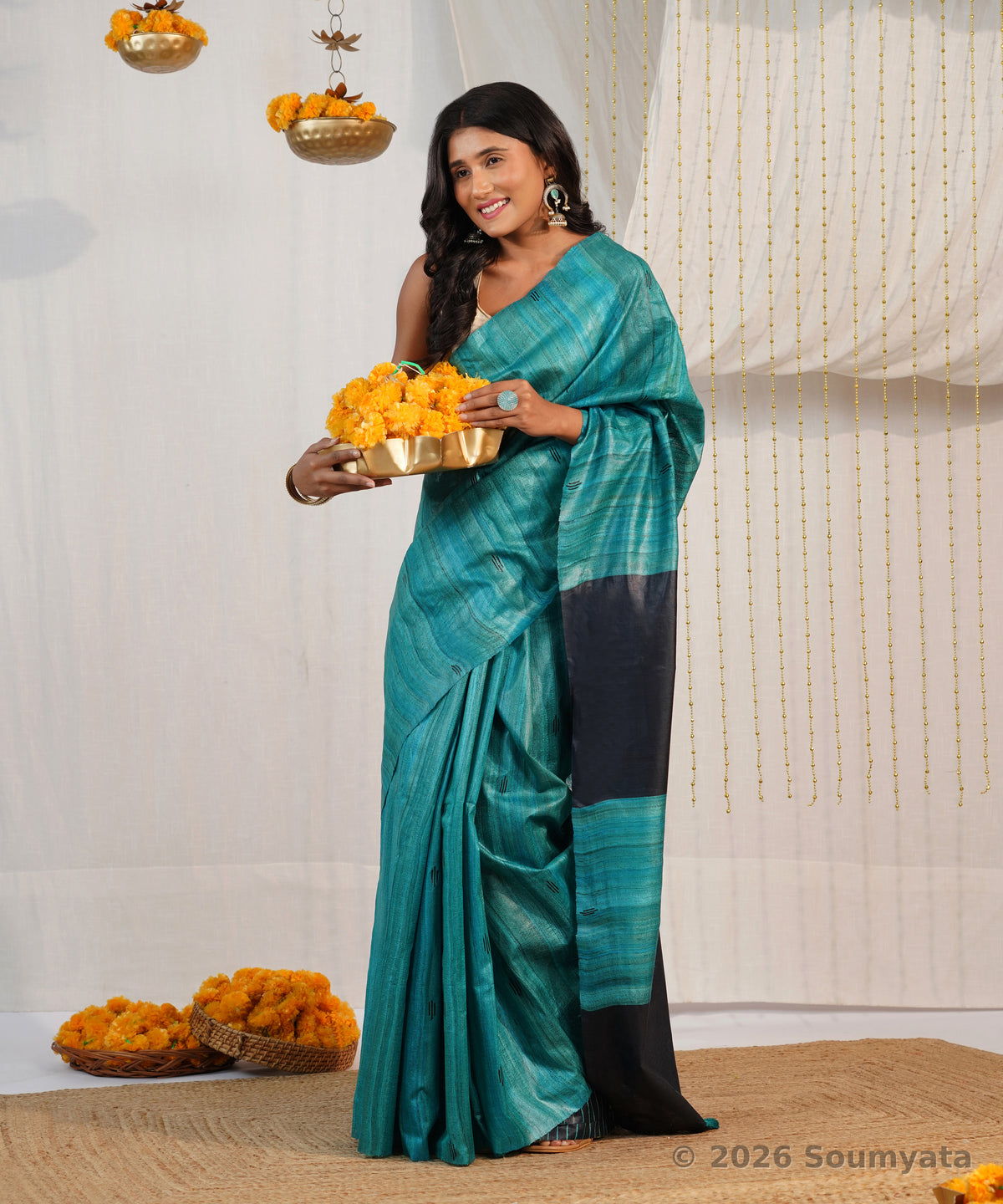 Teal Tussar Ghicha Silk Saree with Black Pallu – Bhagalpuri Handloom
