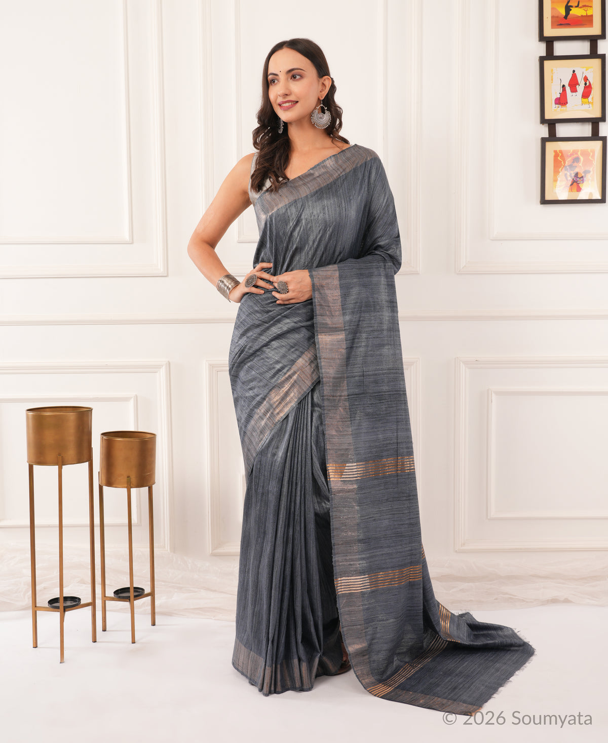 Steel Grey Tussar Ghicha Silk Saree | Bhagalpuri Handloom