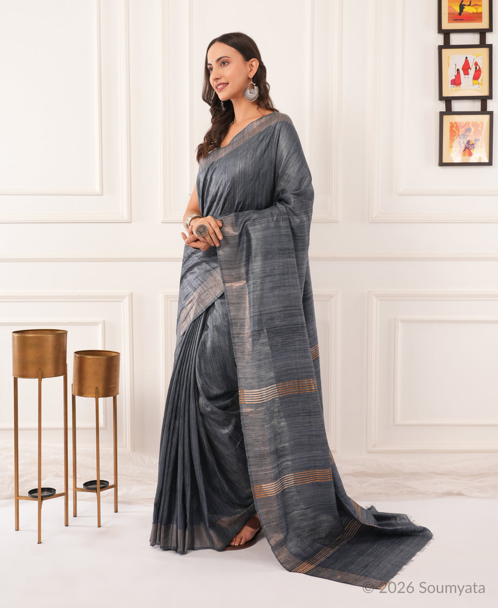 Steel Grey Tussar Ghicha Silk Saree | Bhagalpuri Handloom