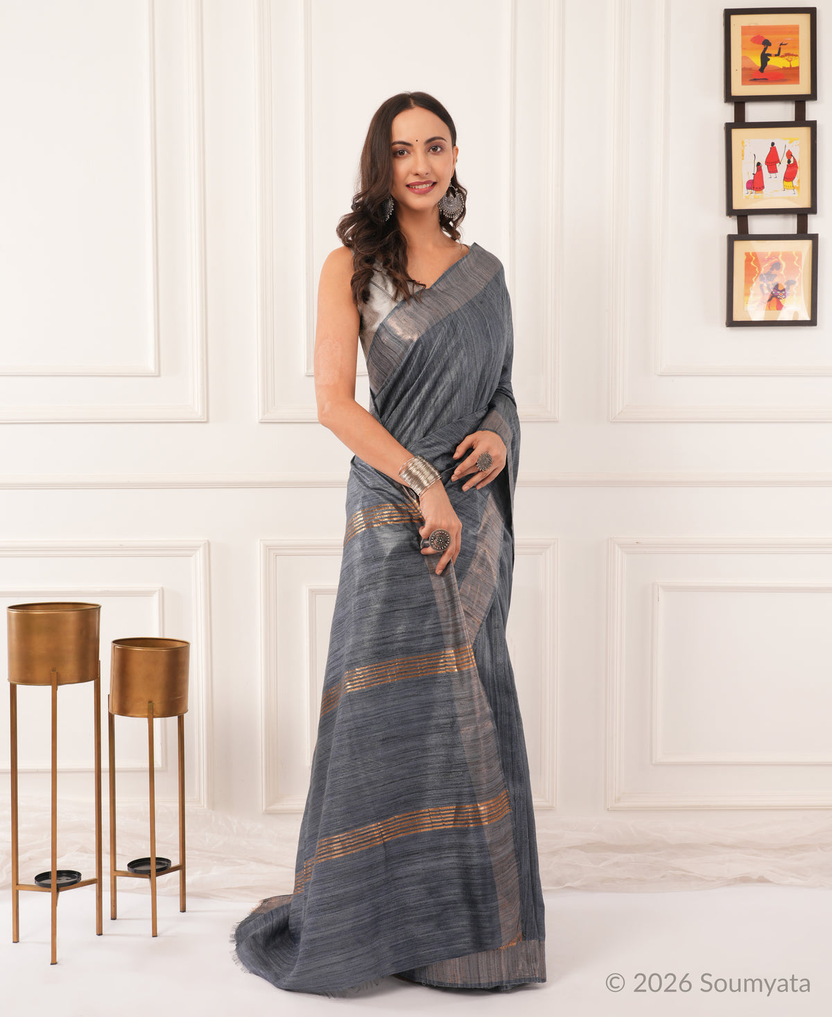 Steel Grey Tussar Ghicha Silk Saree | Bhagalpuri Handloom