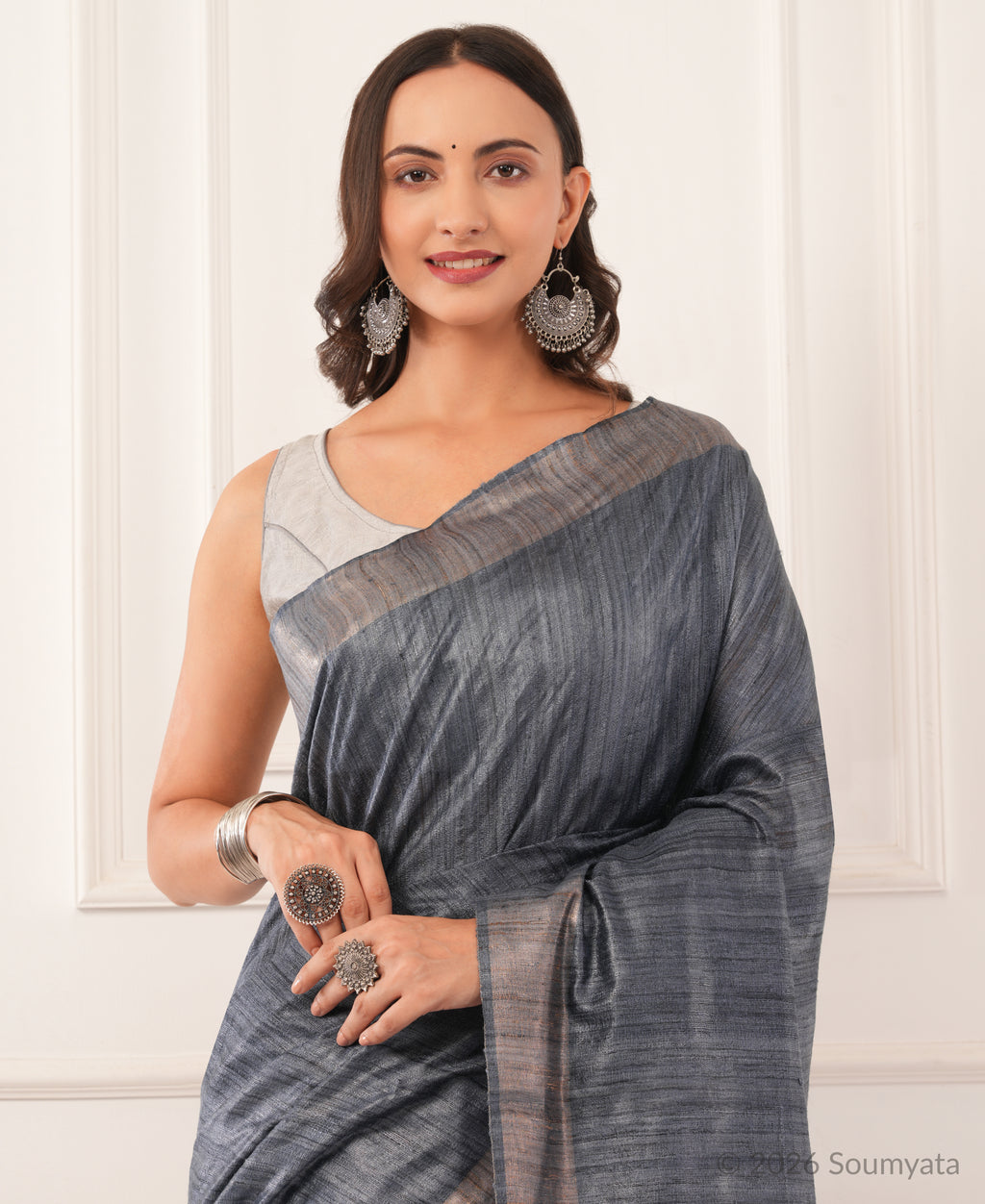Steel Grey Tussar Ghicha Silk Saree | Bhagalpuri Handloom