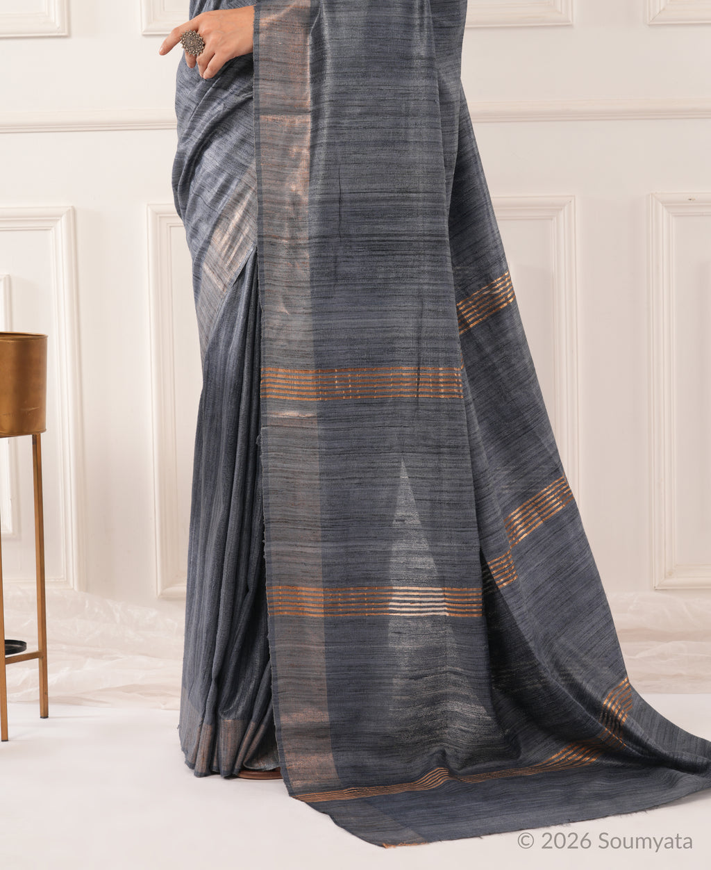 Steel Grey Tussar Ghicha Silk Saree | Bhagalpuri Handloom