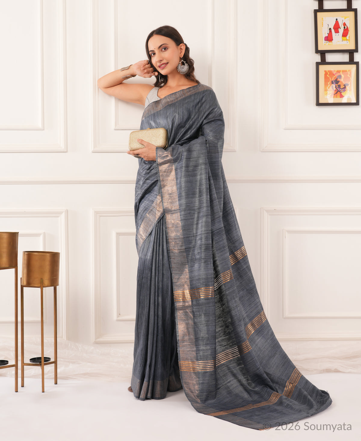 Steel Grey Tussar Ghicha Silk Saree | Bhagalpuri Handloom