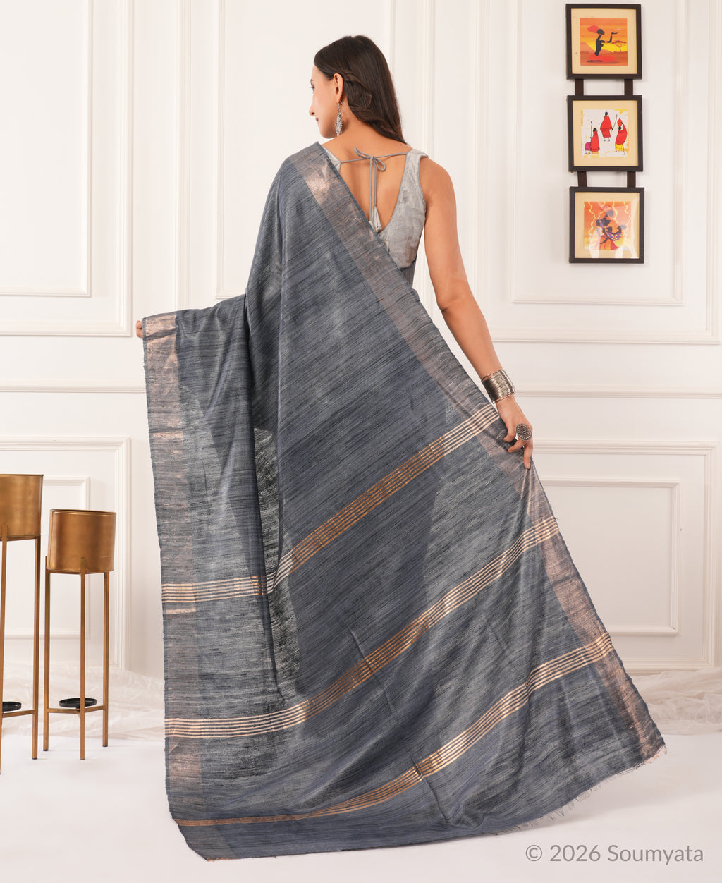Steel Grey Tussar Ghicha Silk Saree | Bhagalpuri Handloom