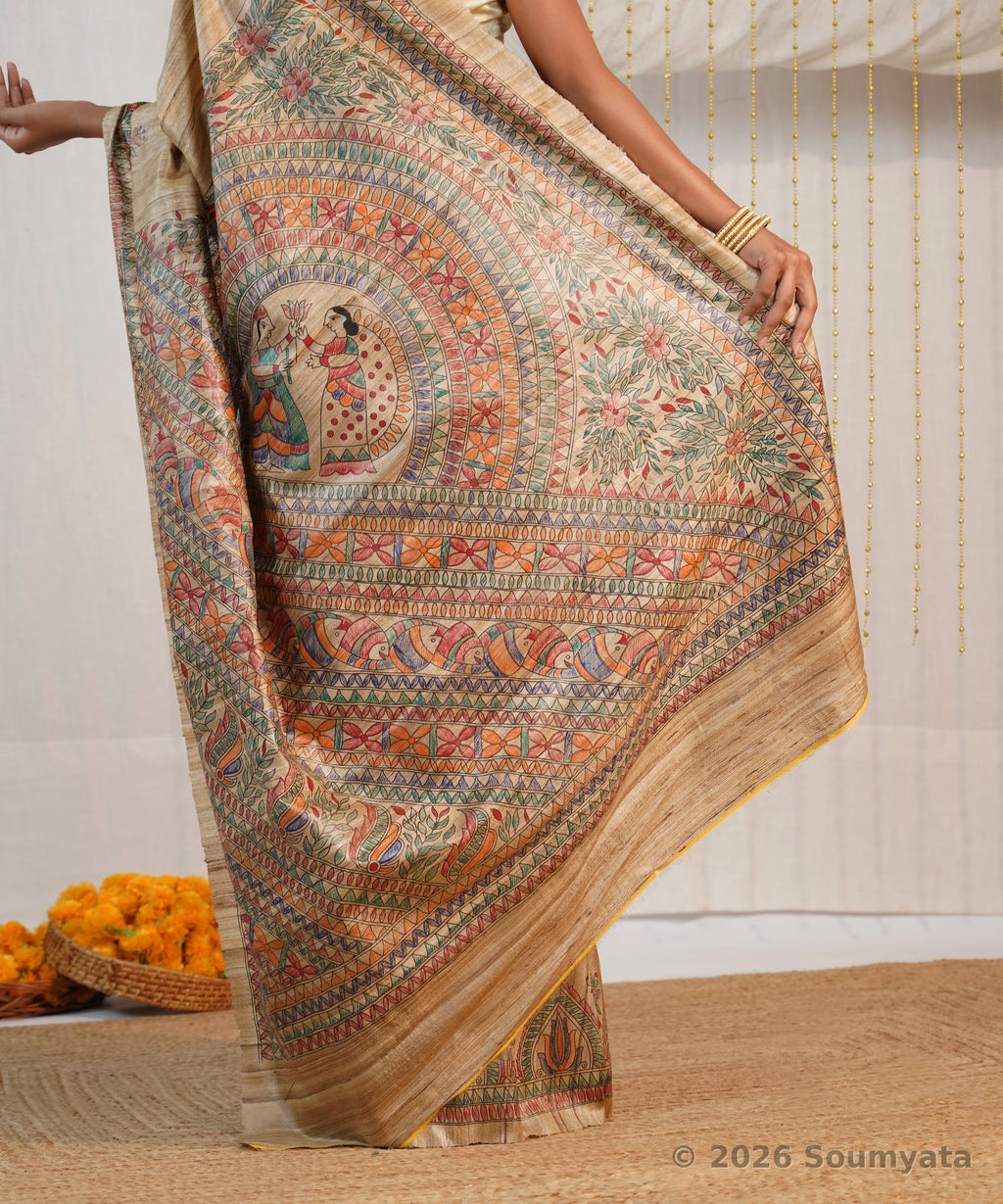 Natural Beige Hand Painted Madhubani Tussar Ghicha Silk Saree – Bhagalpuri