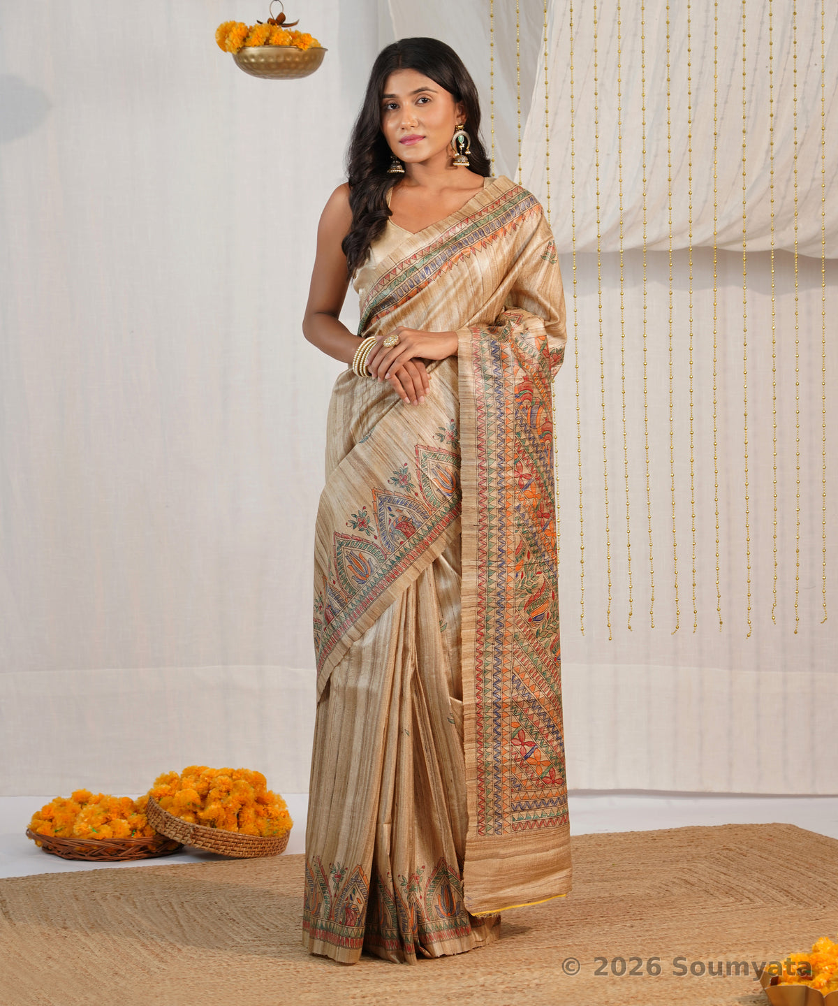 Natural Beige Hand Painted Madhubani Tussar Ghicha Silk Saree – Bhagalpuri