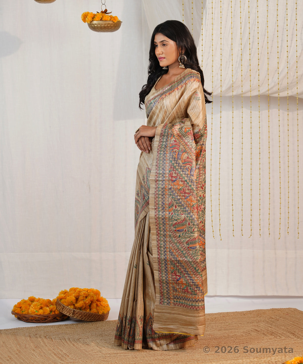 Natural Beige Hand Painted Madhubani Tussar Ghicha Silk Saree – Bhagalpuri