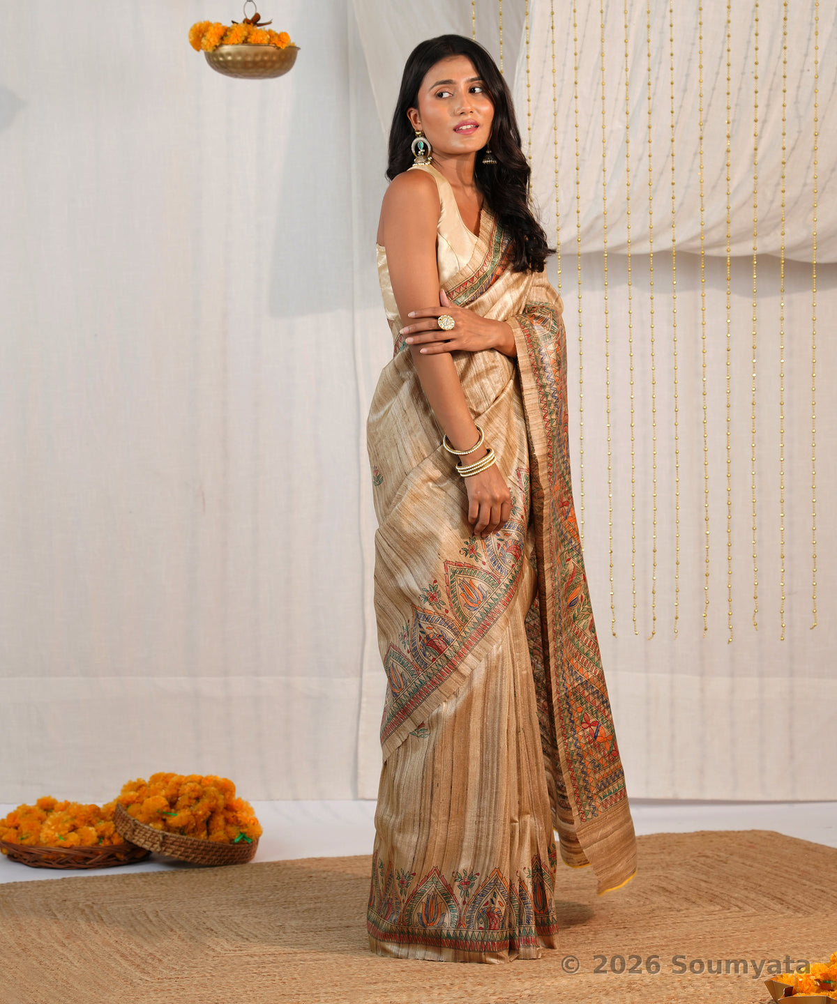 Natural Beige Hand Painted Madhubani Tussar Ghicha Silk Saree – Bhagalpuri
