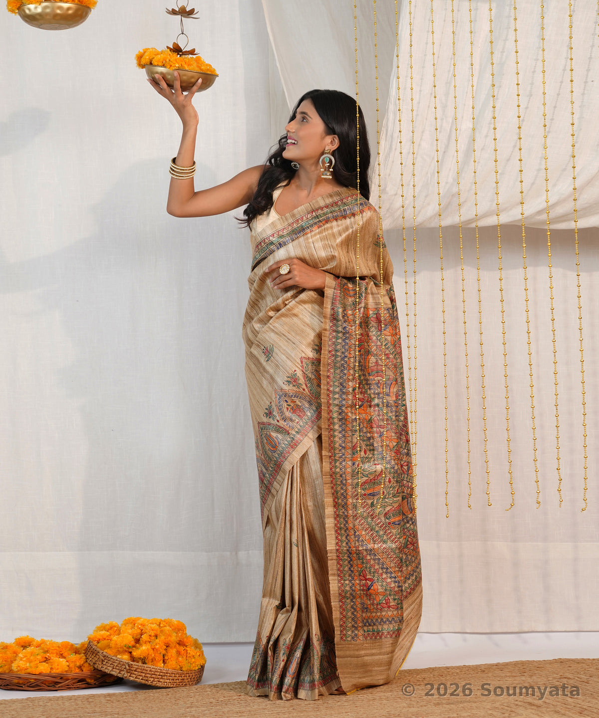 Natural Beige Hand Painted Madhubani Tussar Ghicha Silk Saree – Bhagalpuri