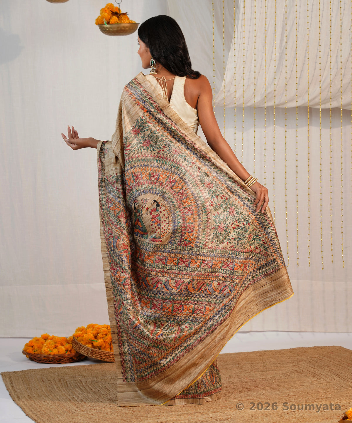 Natural Beige Hand Painted Madhubani Tussar Ghicha Silk Saree – Bhagalpuri