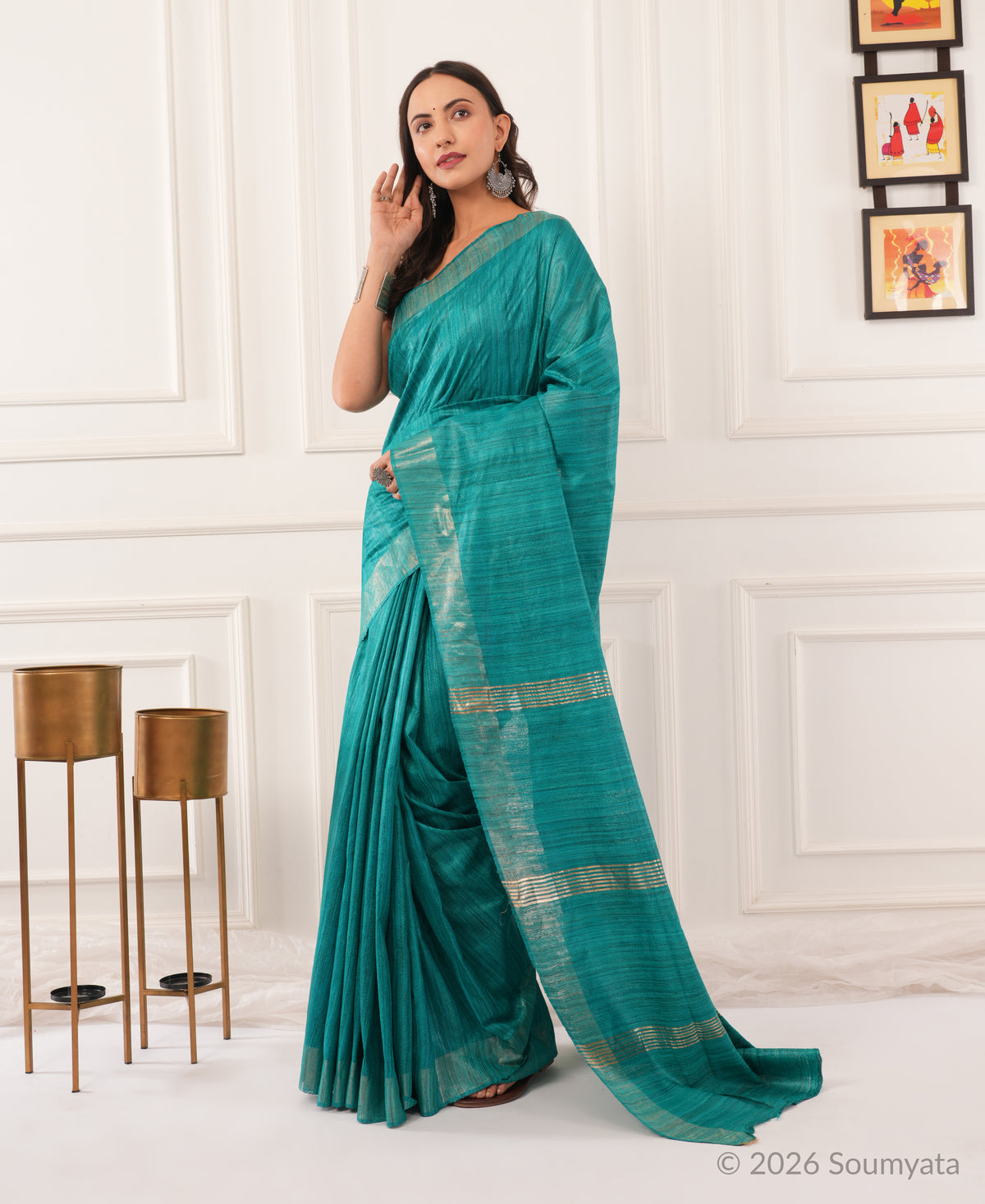 Sea Green Tussar Ghicha Silk Saree with Gold Zari Border – Bhagalpuri