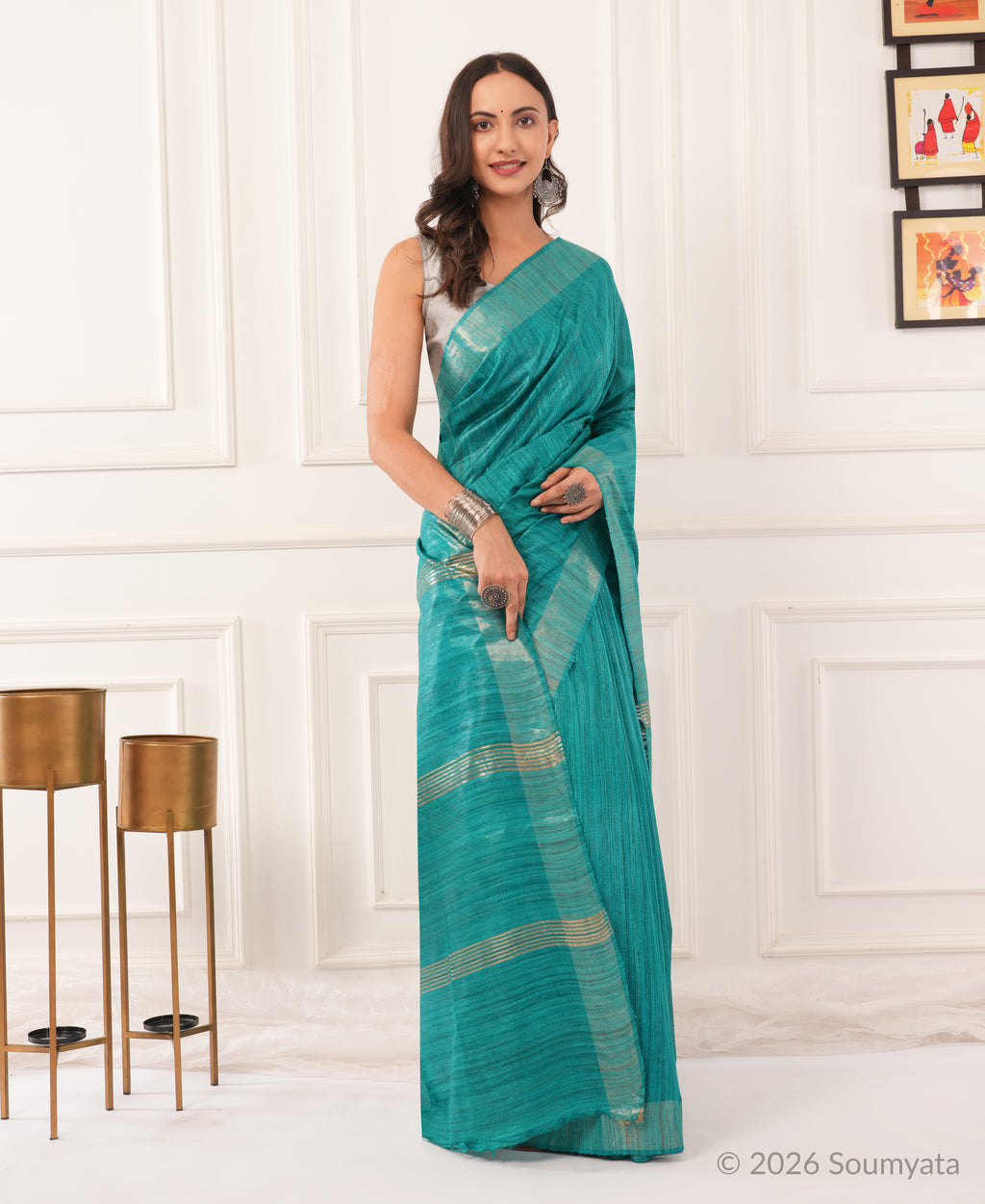 Sea Green Tussar Ghicha Silk Saree with Gold Zari Border – Bhagalpuri