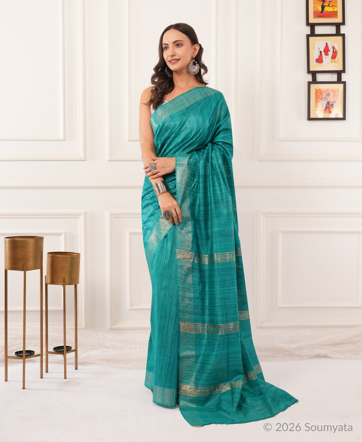 Sea Green Tussar Ghicha Silk Saree with Gold Zari Border – Bhagalpuri