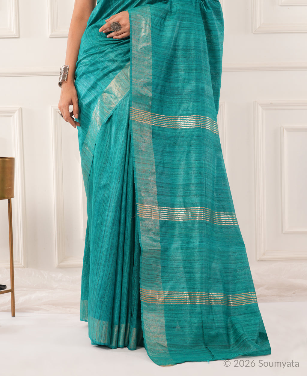 Sea Green Tussar Ghicha Silk Saree with Gold Zari Border – Bhagalpuri