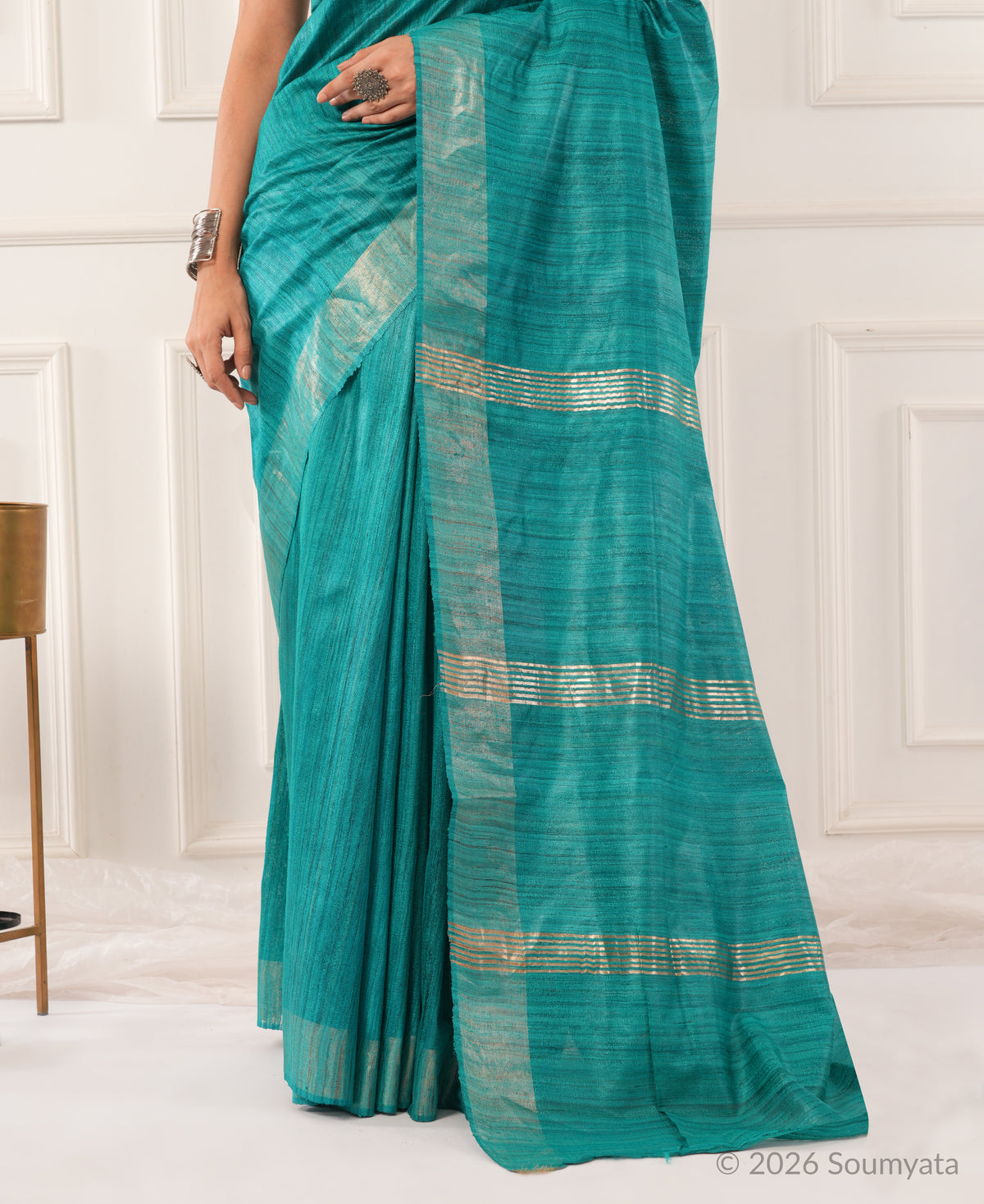 Sea Green Tussar Ghicha Silk Saree with Gold Zari Border – Bhagalpuri