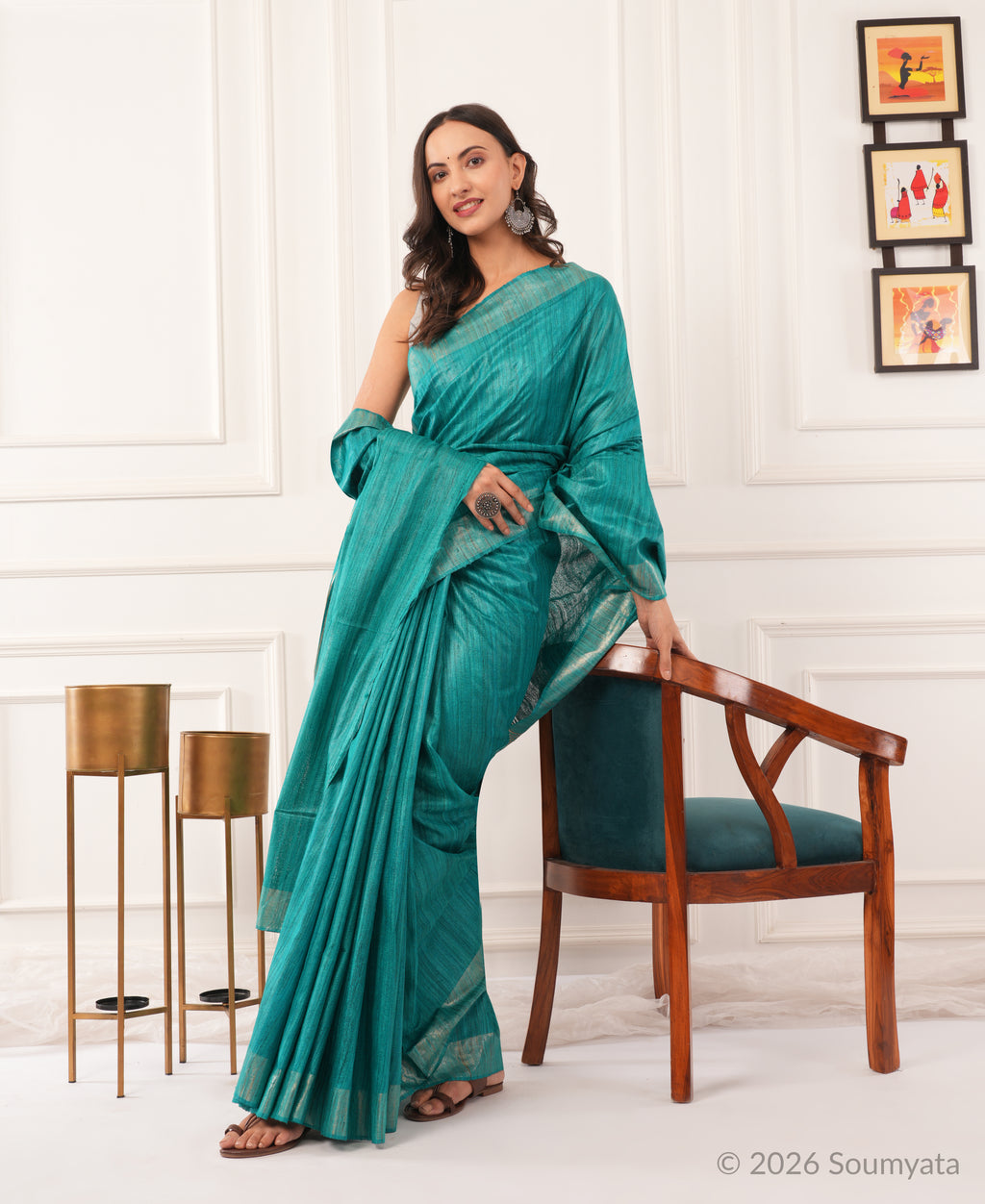 Sea Green Tussar Ghicha Silk Saree with Gold Zari Border – Bhagalpuri