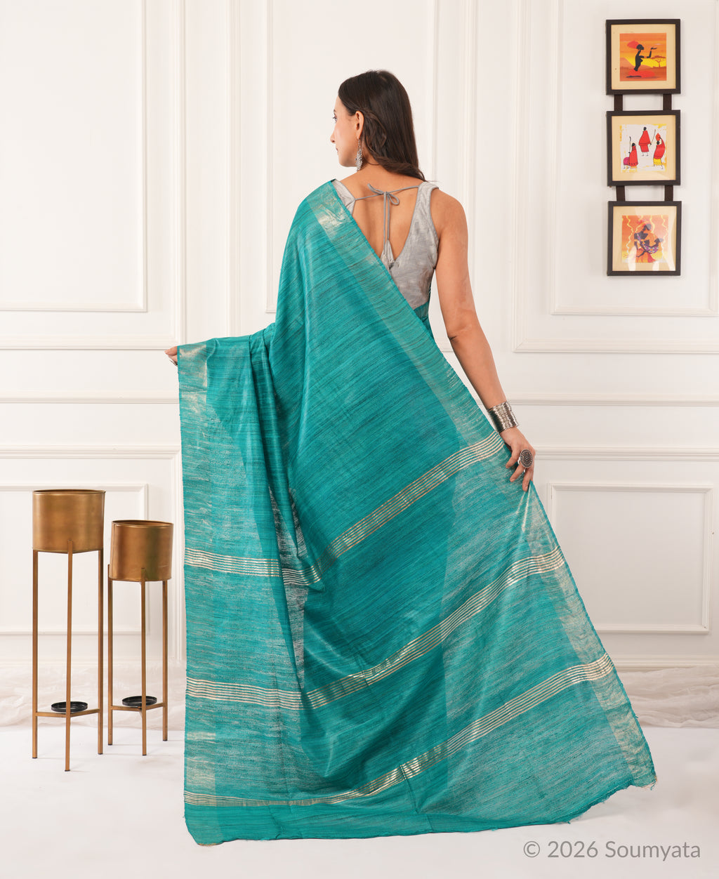Sea Green Tussar Ghicha Silk Saree with Gold Zari Border – Bhagalpuri