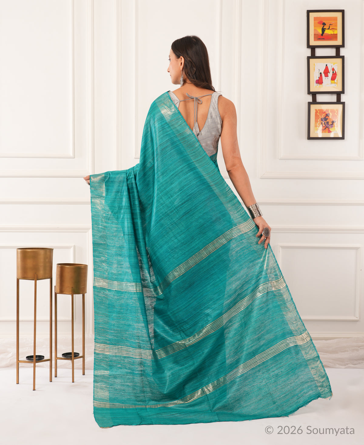 Sea Green Tussar Ghicha Silk Saree with Gold Zari Border – Bhagalpuri