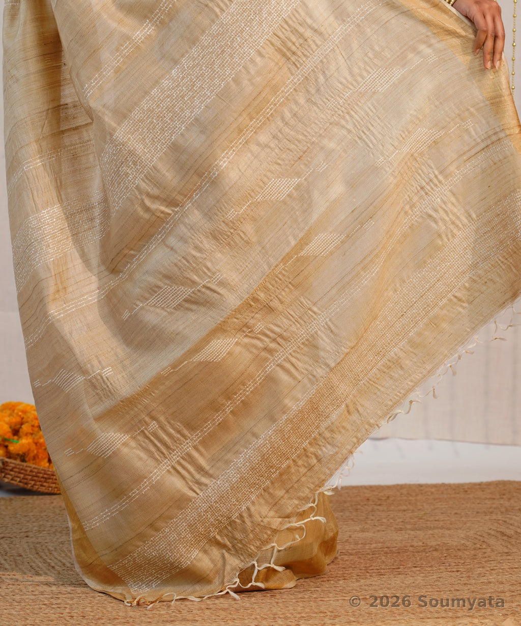 Natural Gold Pure Tussar Silk Saree with Chevron Dobby Weave – Bhagalpuri