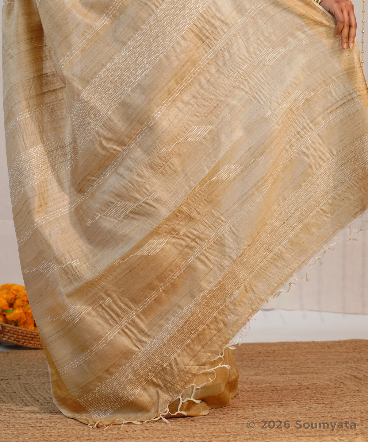Natural Gold Pure Tussar Silk Saree with Chevron Dobby Weave – Bhagalpuri