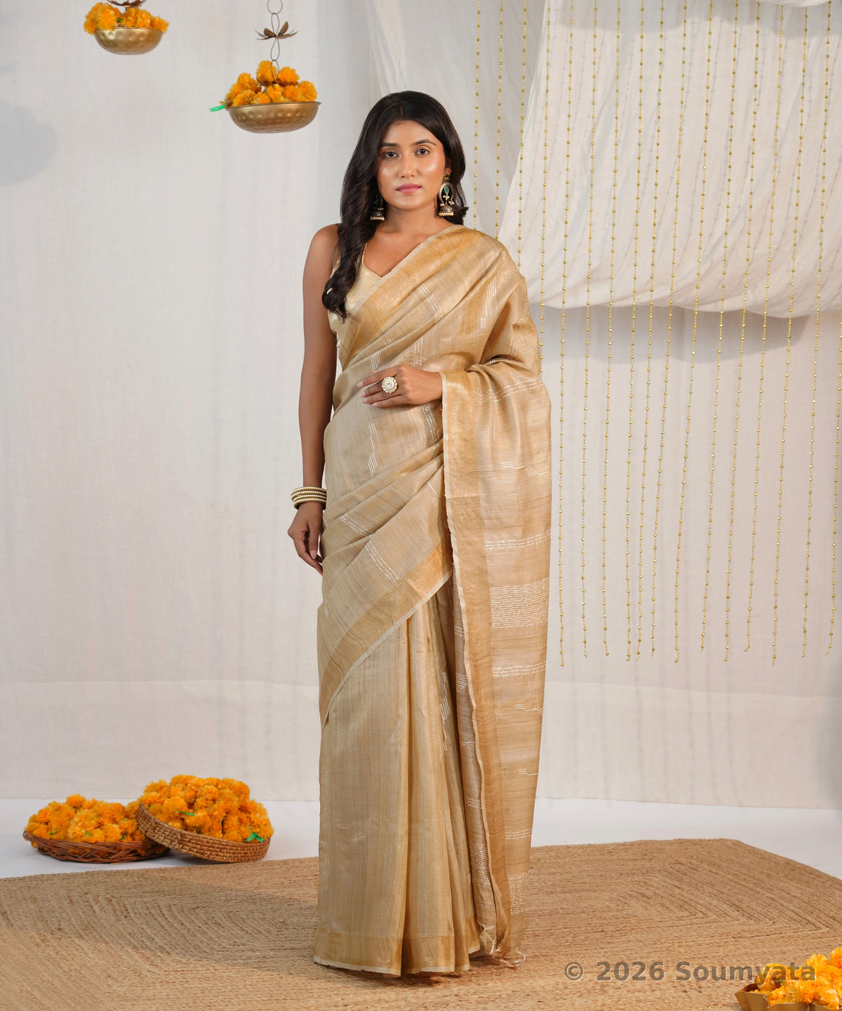 Natural Gold Pure Tussar Silk Saree with Chevron Dobby Weave – Bhagalpuri