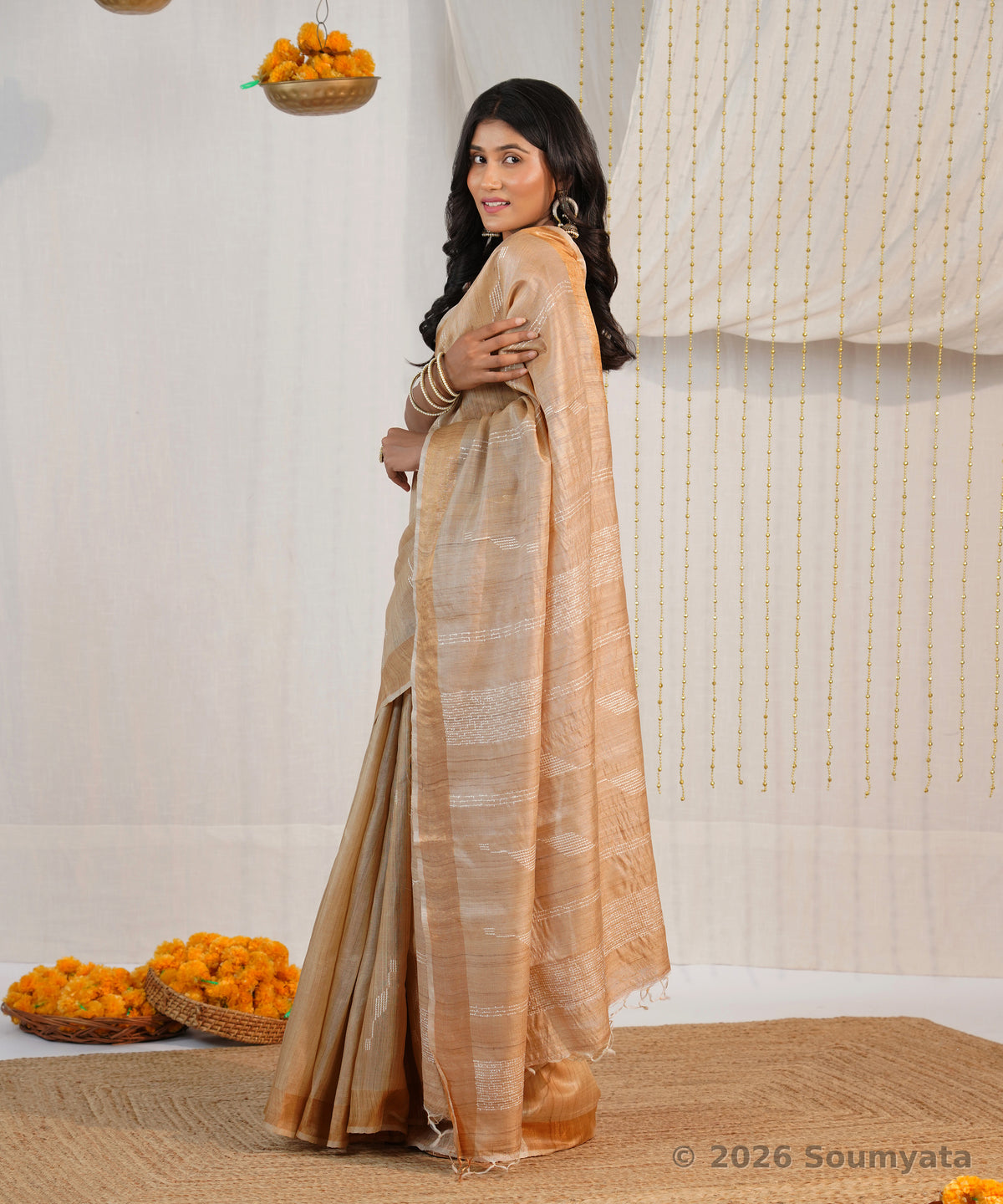 Natural Gold Pure Tussar Silk Saree with Chevron Dobby Weave – Bhagalpuri