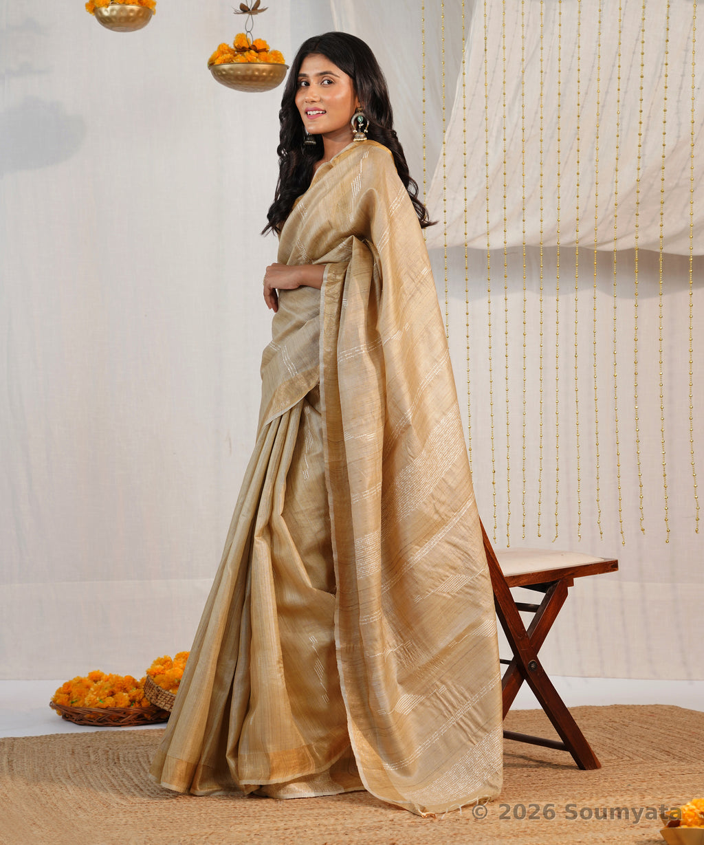 Natural Gold Pure Tussar Silk Saree with Chevron Dobby Weave – Bhagalpuri