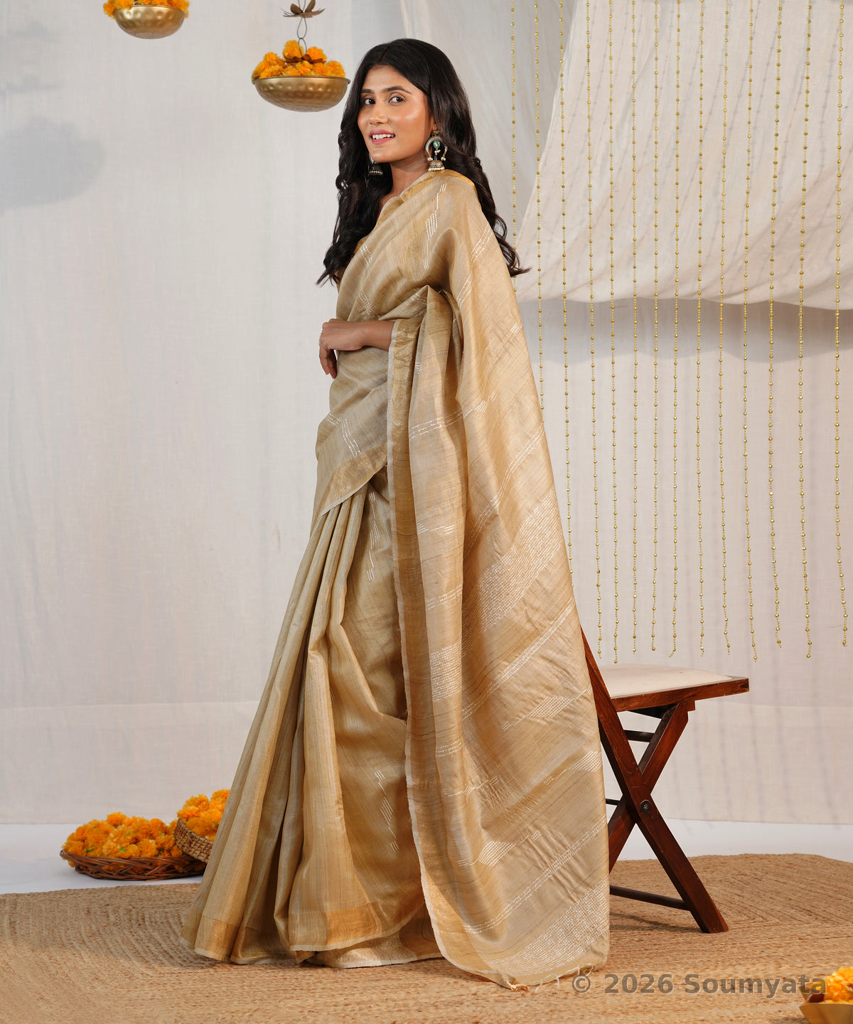 Natural Gold Pure Tussar Silk Saree with Chevron Dobby Weave – Bhagalpuri