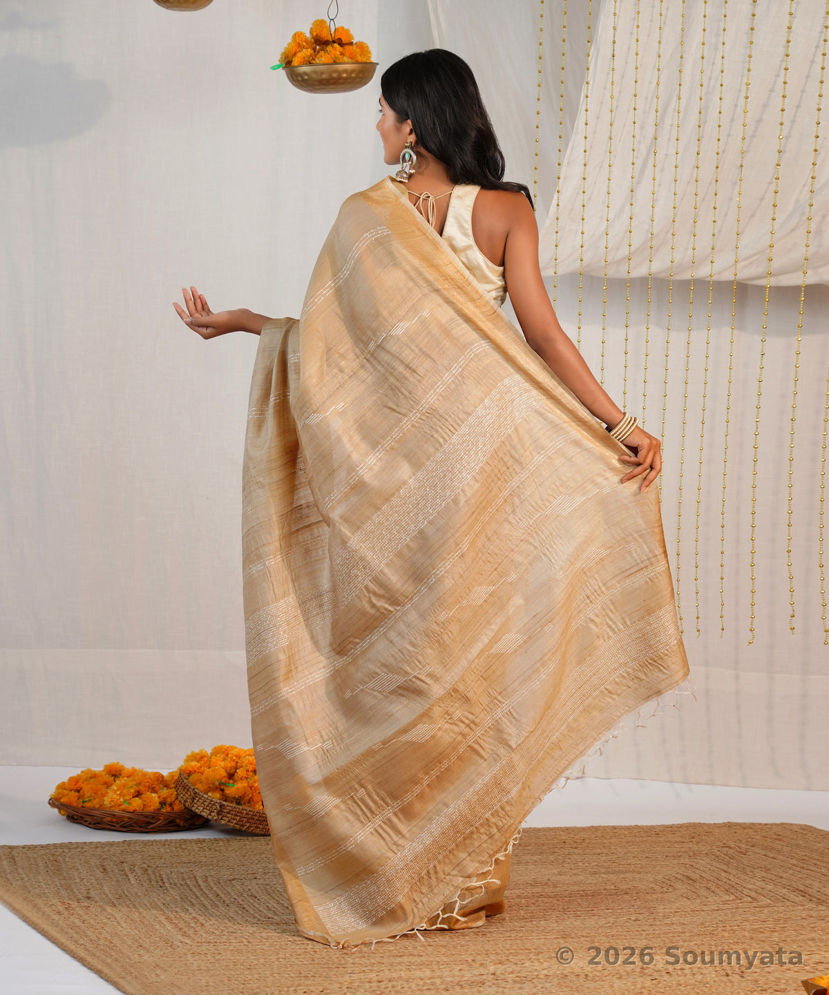 Natural Gold Pure Tussar Silk Saree with Chevron Dobby Weave – Bhagalpuri