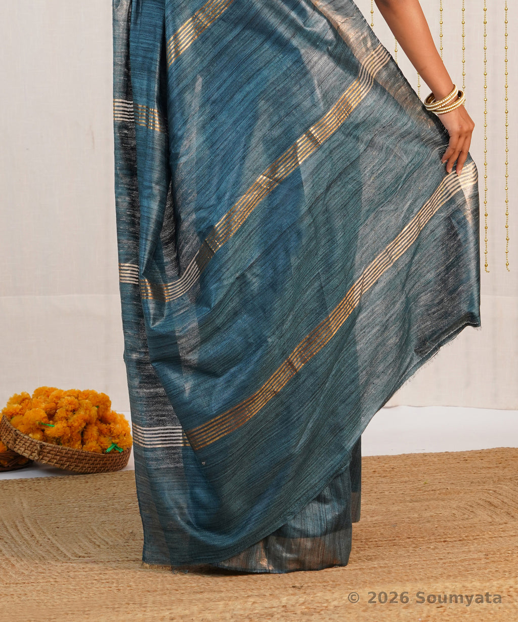 Peacock Blue Tussar Ghicha Silk Saree with Zari Border – Bhagalpuri Handloom