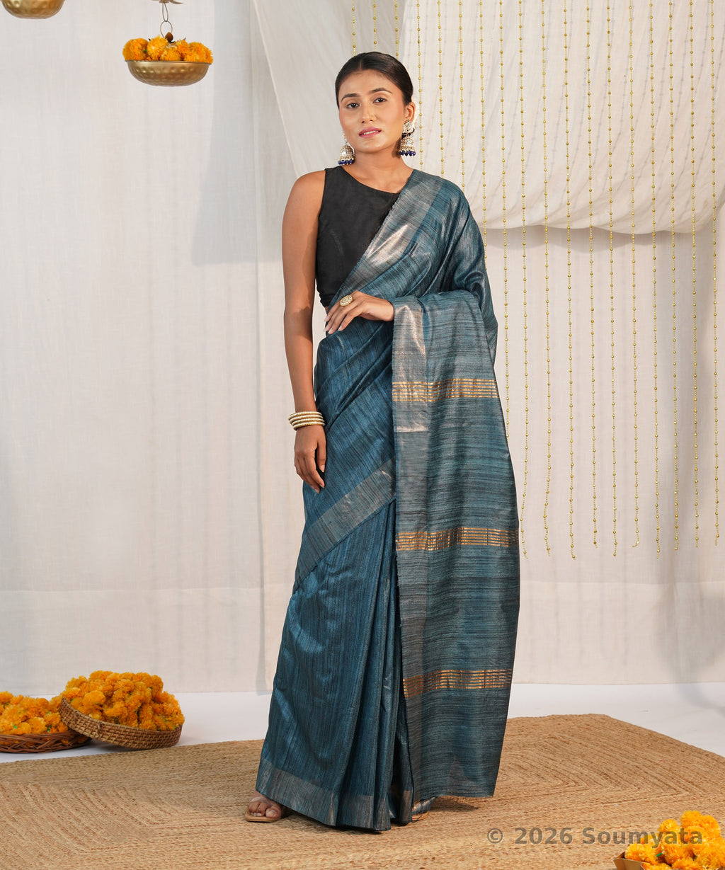 Peacock Blue Tussar Ghicha Silk Saree with Zari Border – Bhagalpuri Handloom