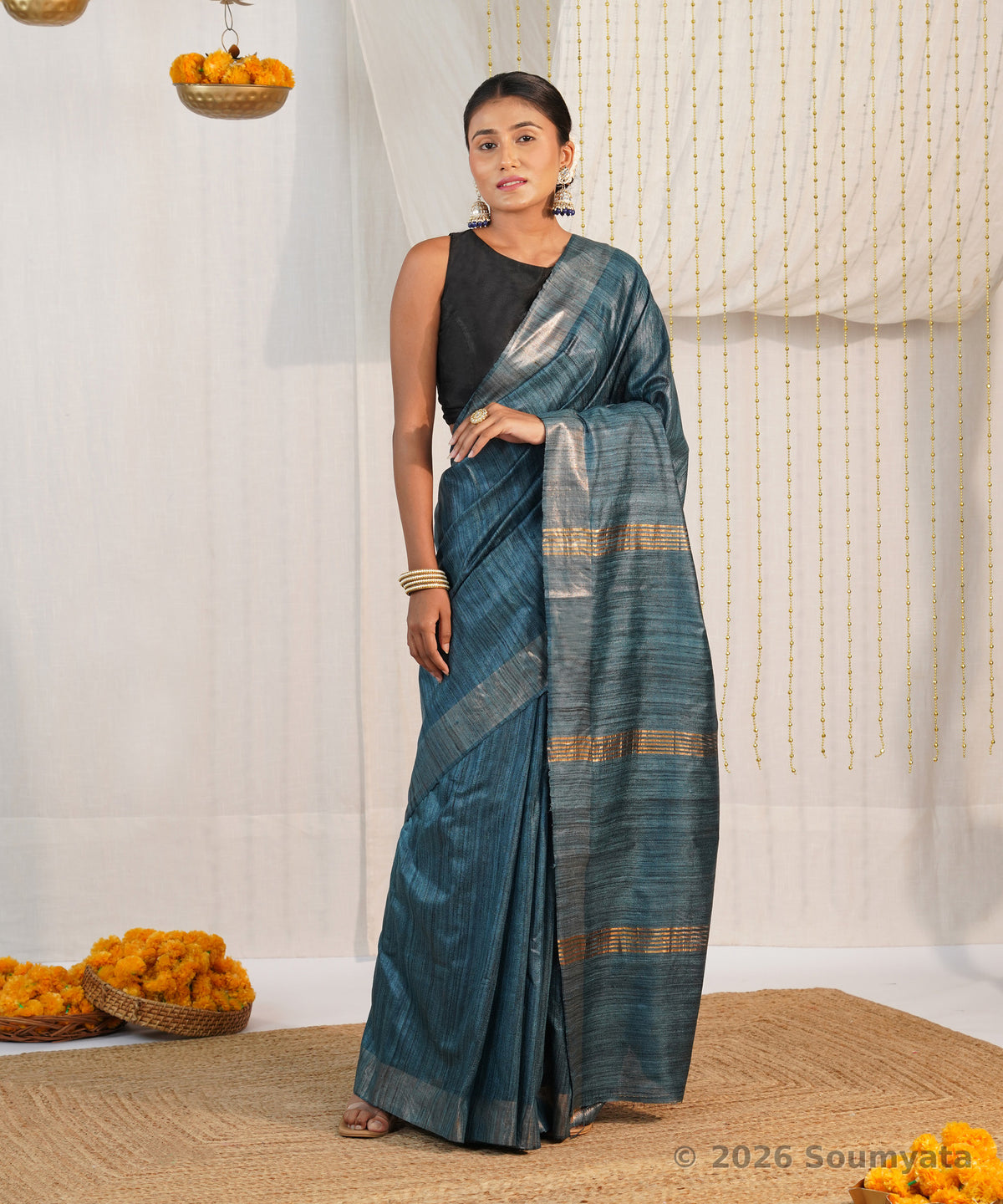 Peacock Blue Tussar Ghicha Silk Saree with Zari Border – Bhagalpuri Handloom
