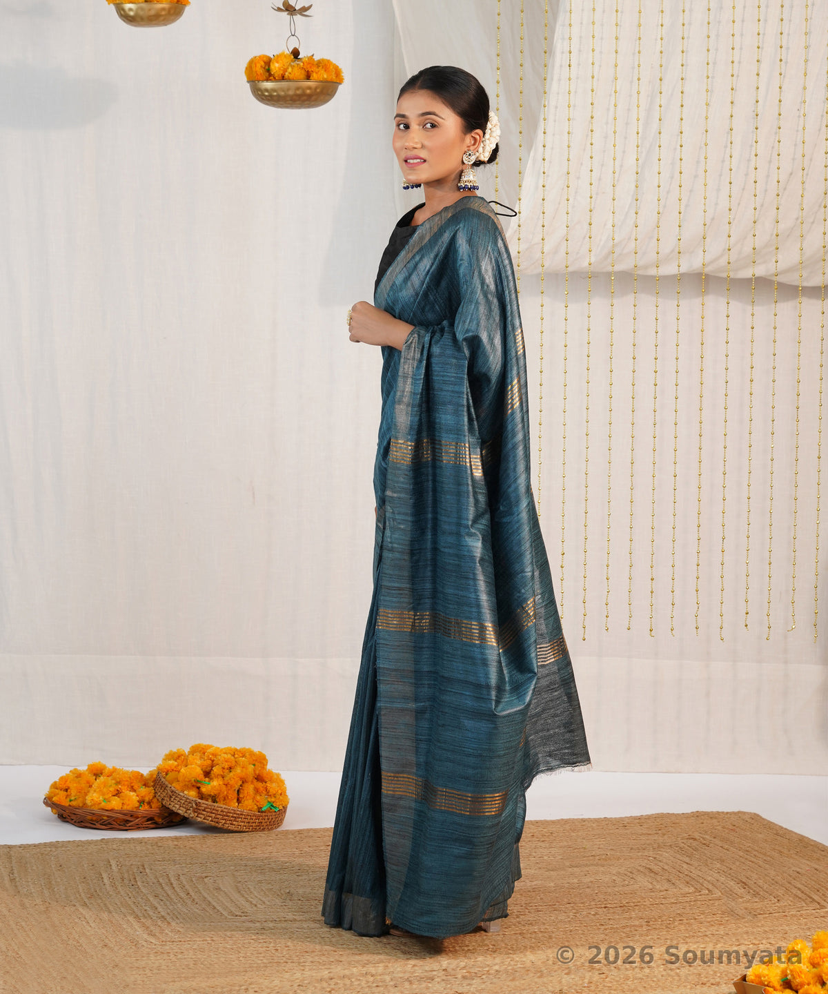 Peacock Blue Tussar Ghicha Silk Saree with Zari Border – Bhagalpuri Handloom