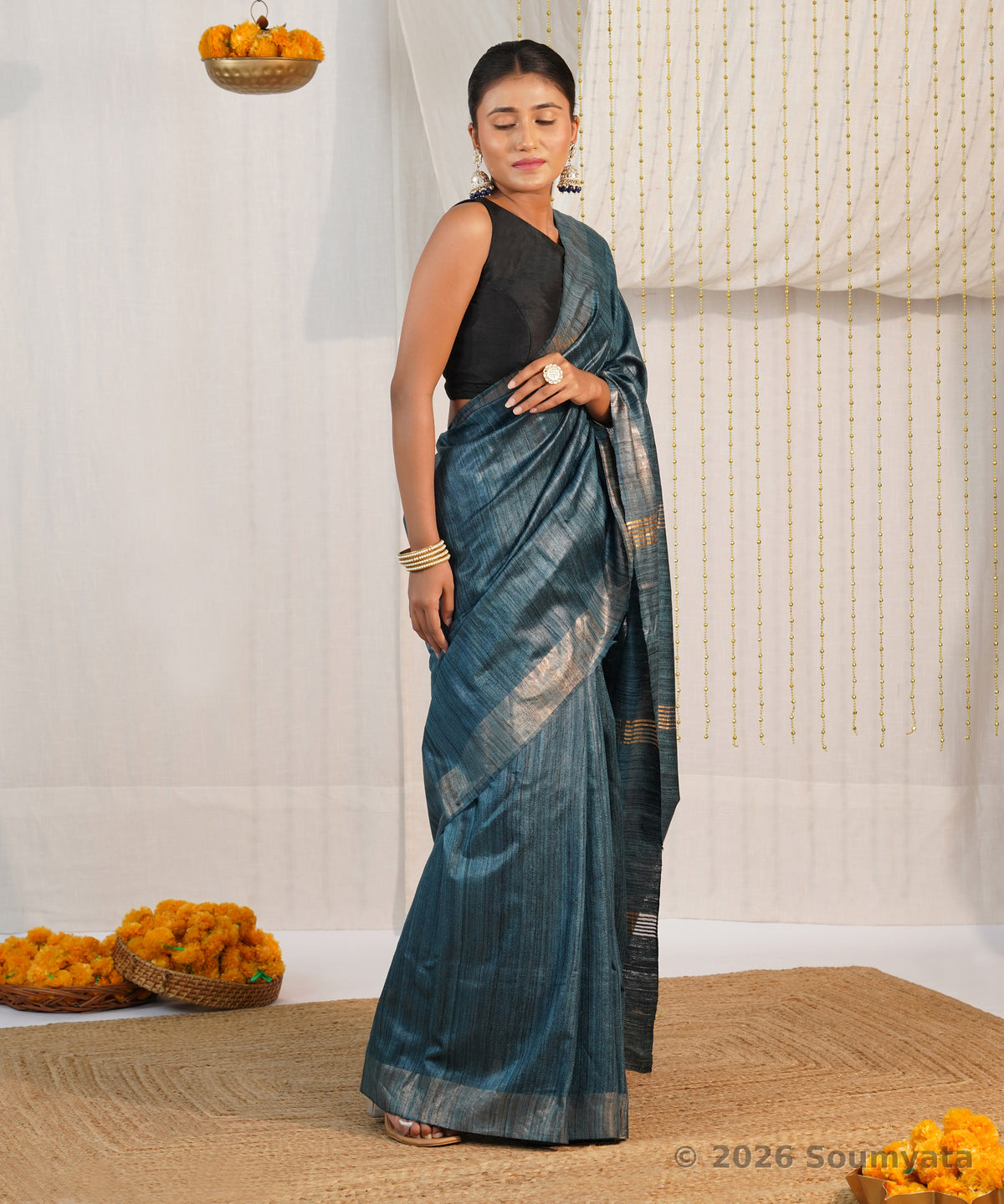 Peacock Blue Tussar Ghicha Silk Saree with Zari Border – Bhagalpuri Handloom