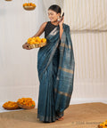 Peacock Blue Tussar Ghicha Silk Saree with Zari Border – Bhagalpuri Handloom