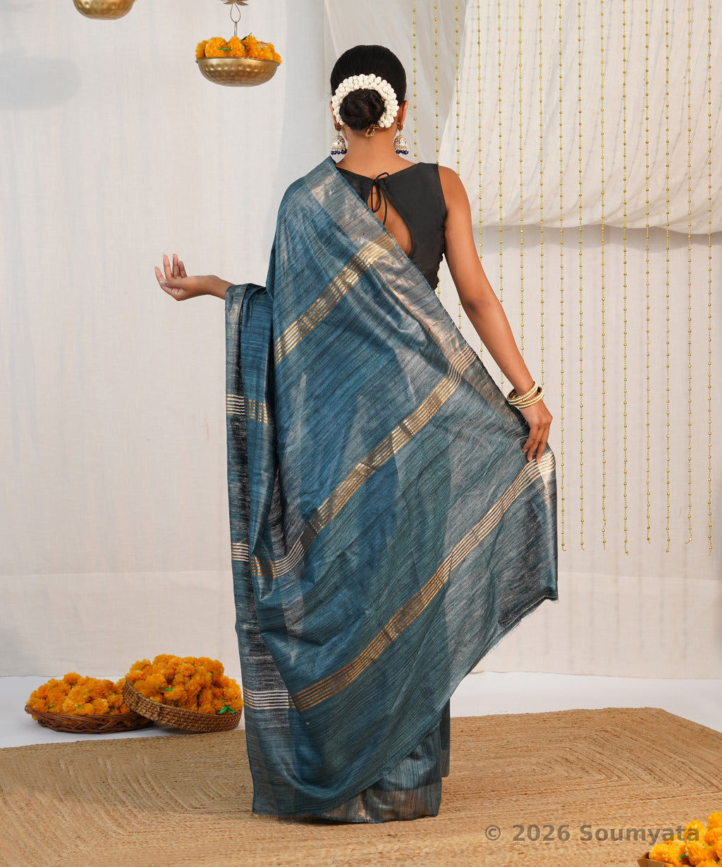 Peacock Blue Tussar Ghicha Silk Saree with Zari Border – Bhagalpuri Handloom