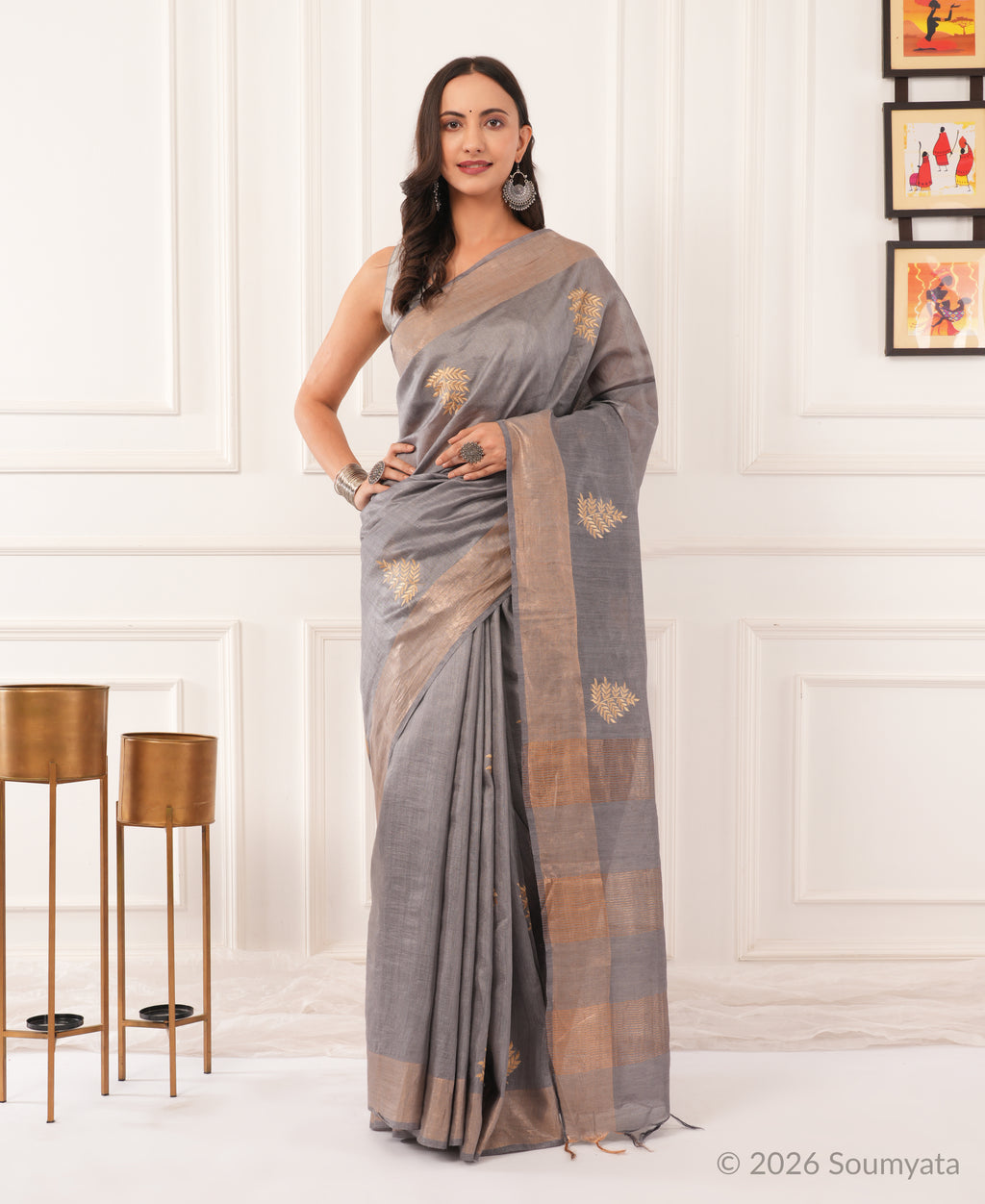 Silver Grey Embroidered Silk Saree with Gold Zari Border – Bhagalpuri