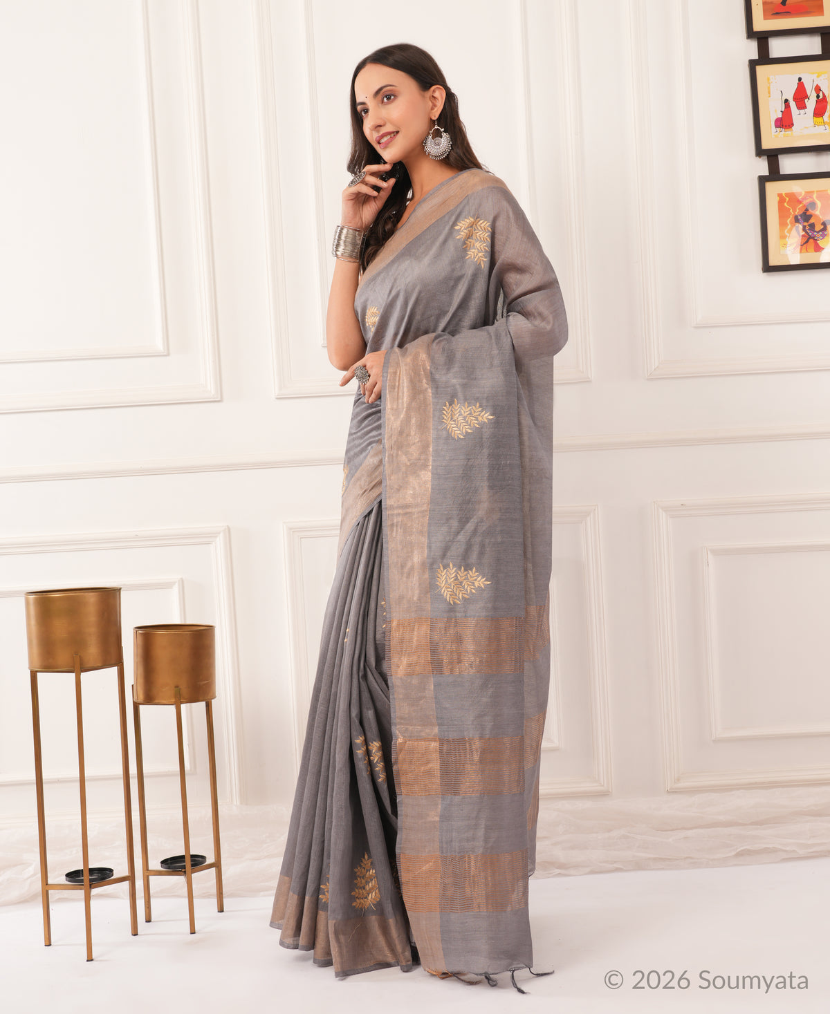 Silver Grey Embroidered Silk Saree with Gold Zari Border – Bhagalpuri