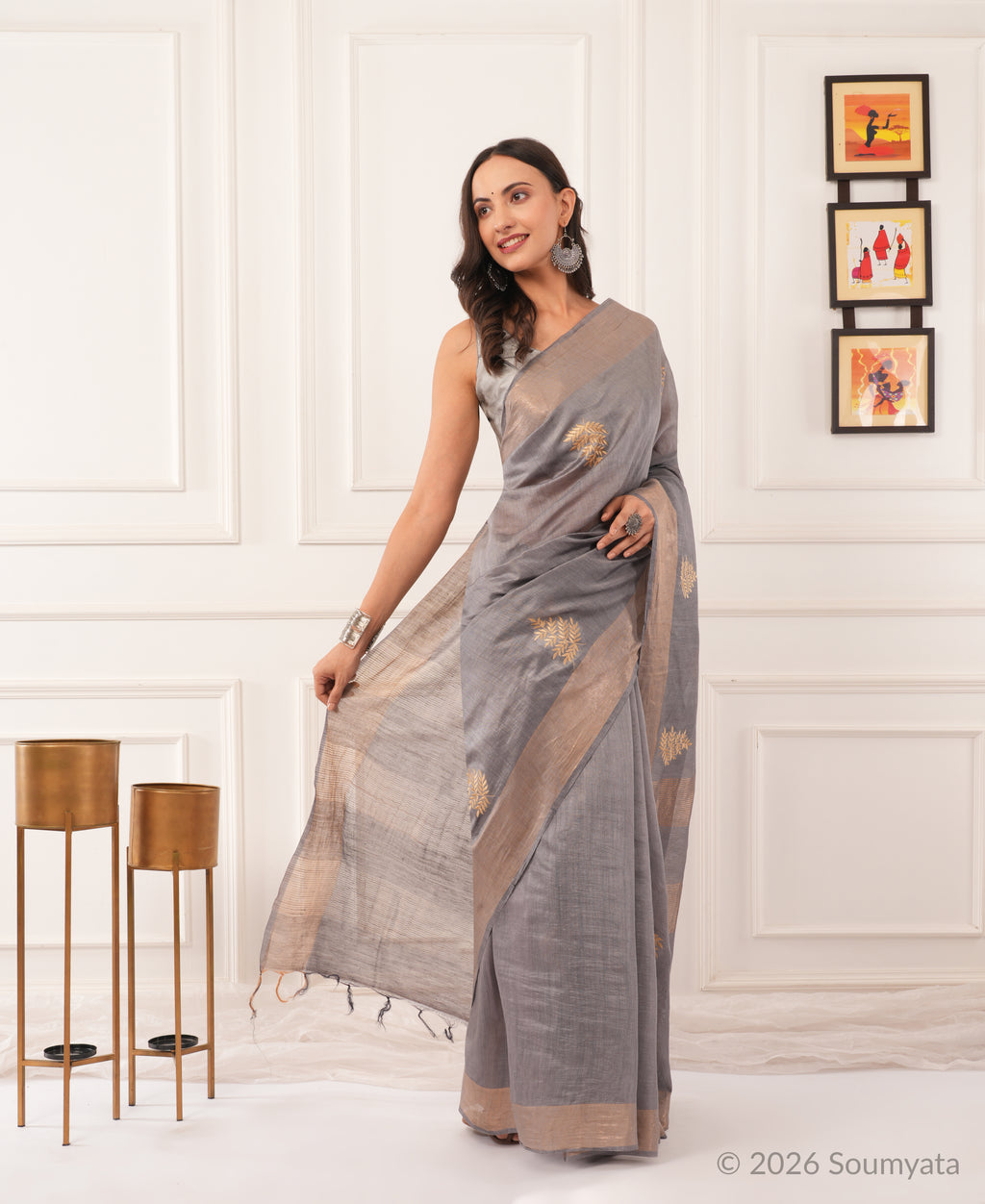 Silver Grey Embroidered Silk Saree with Gold Zari Border – Bhagalpuri