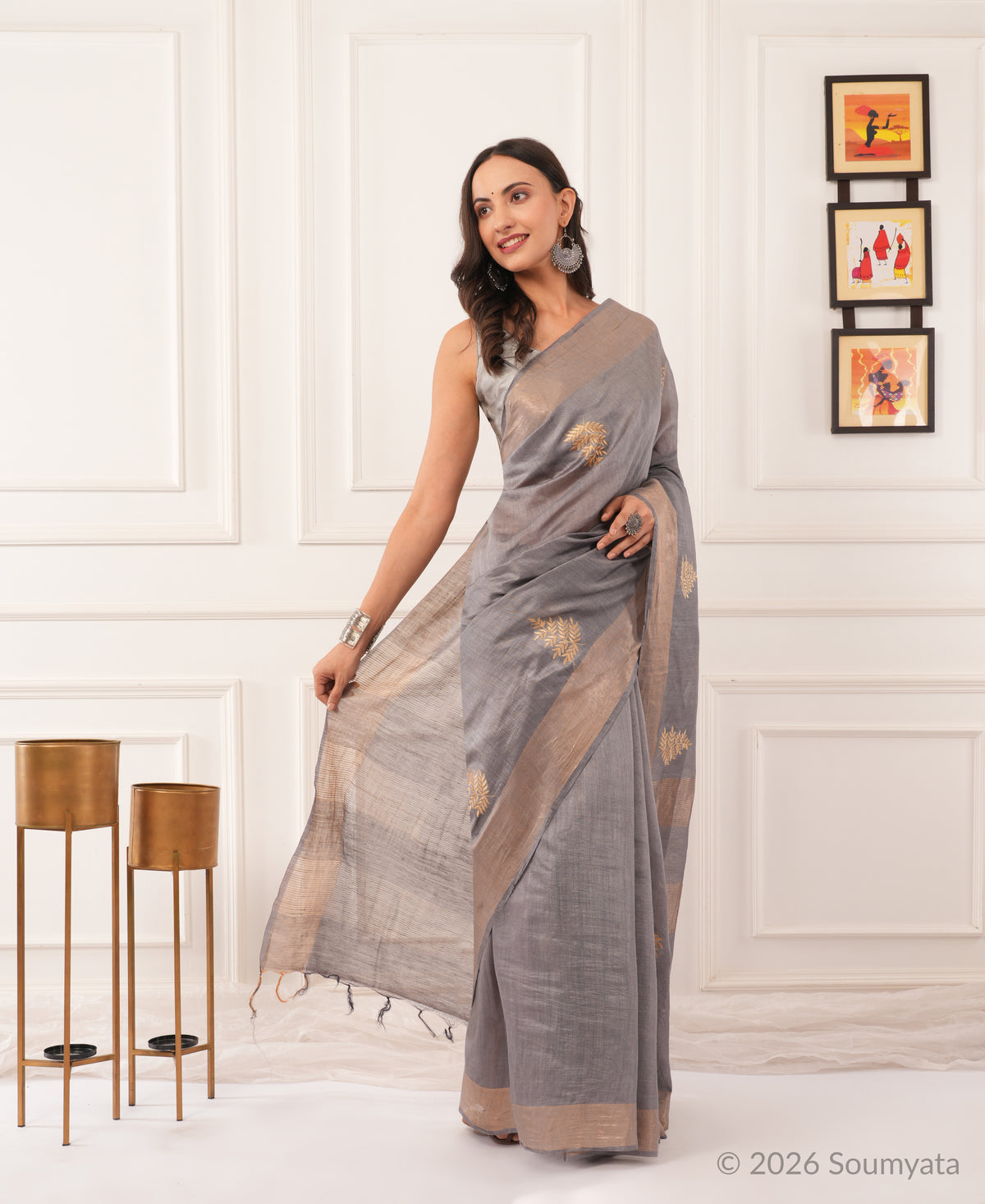 Silver Grey Embroidered Silk Saree with Gold Zari Border – Bhagalpuri