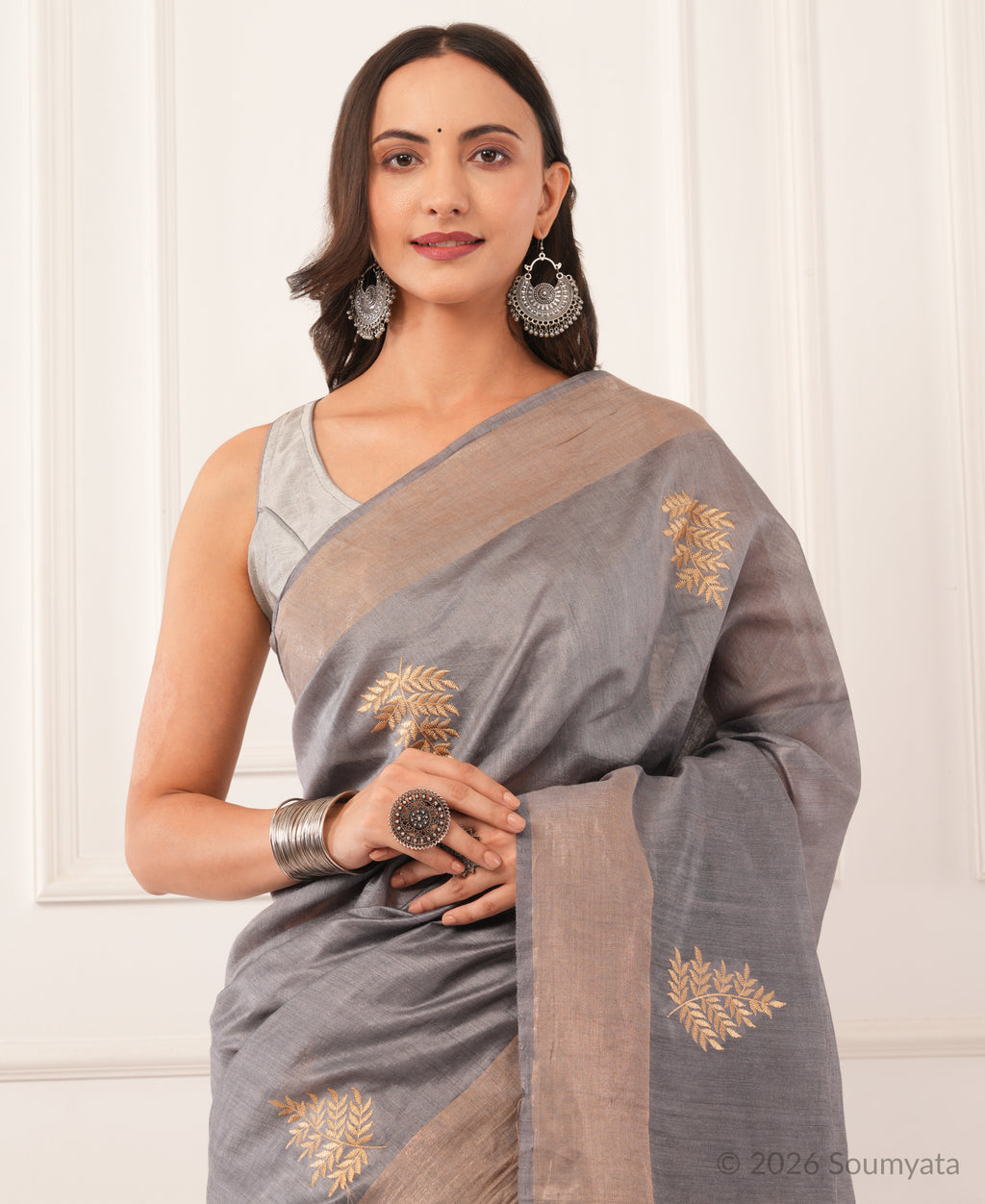Silver Grey Embroidered Silk Saree with Gold Zari Border – Bhagalpuri