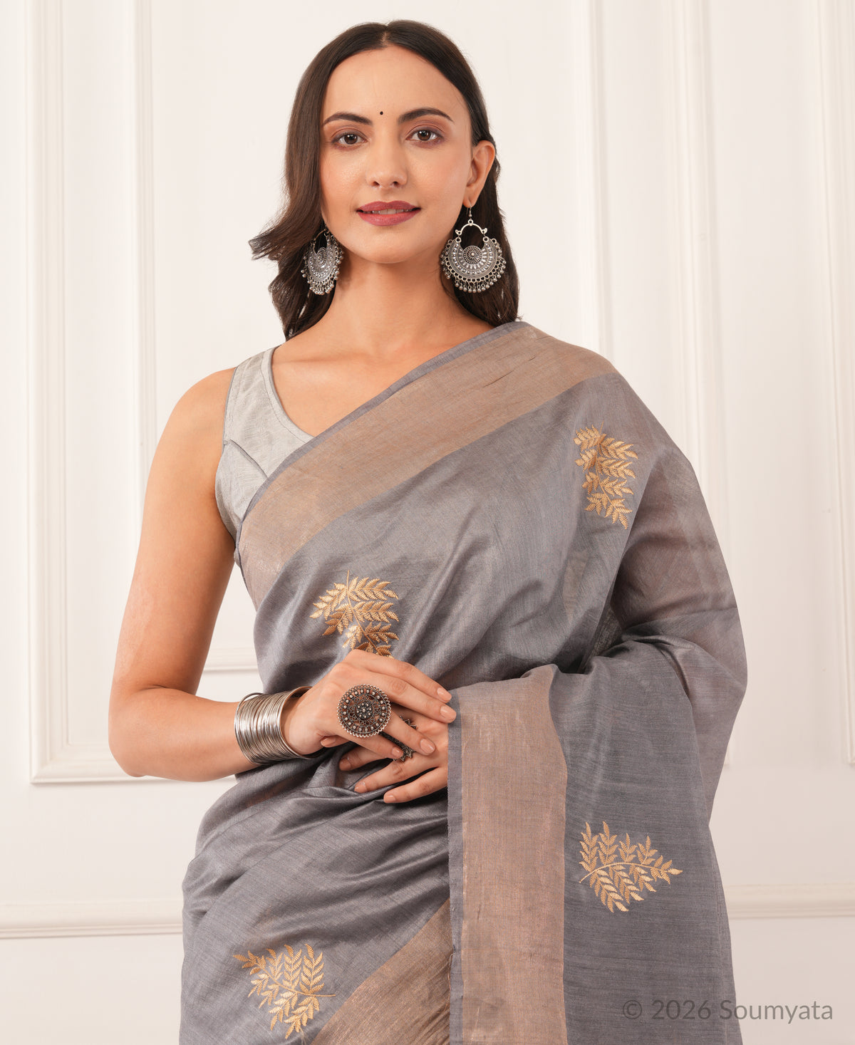Silver Grey Embroidered Silk Saree with Gold Zari Border – Bhagalpuri