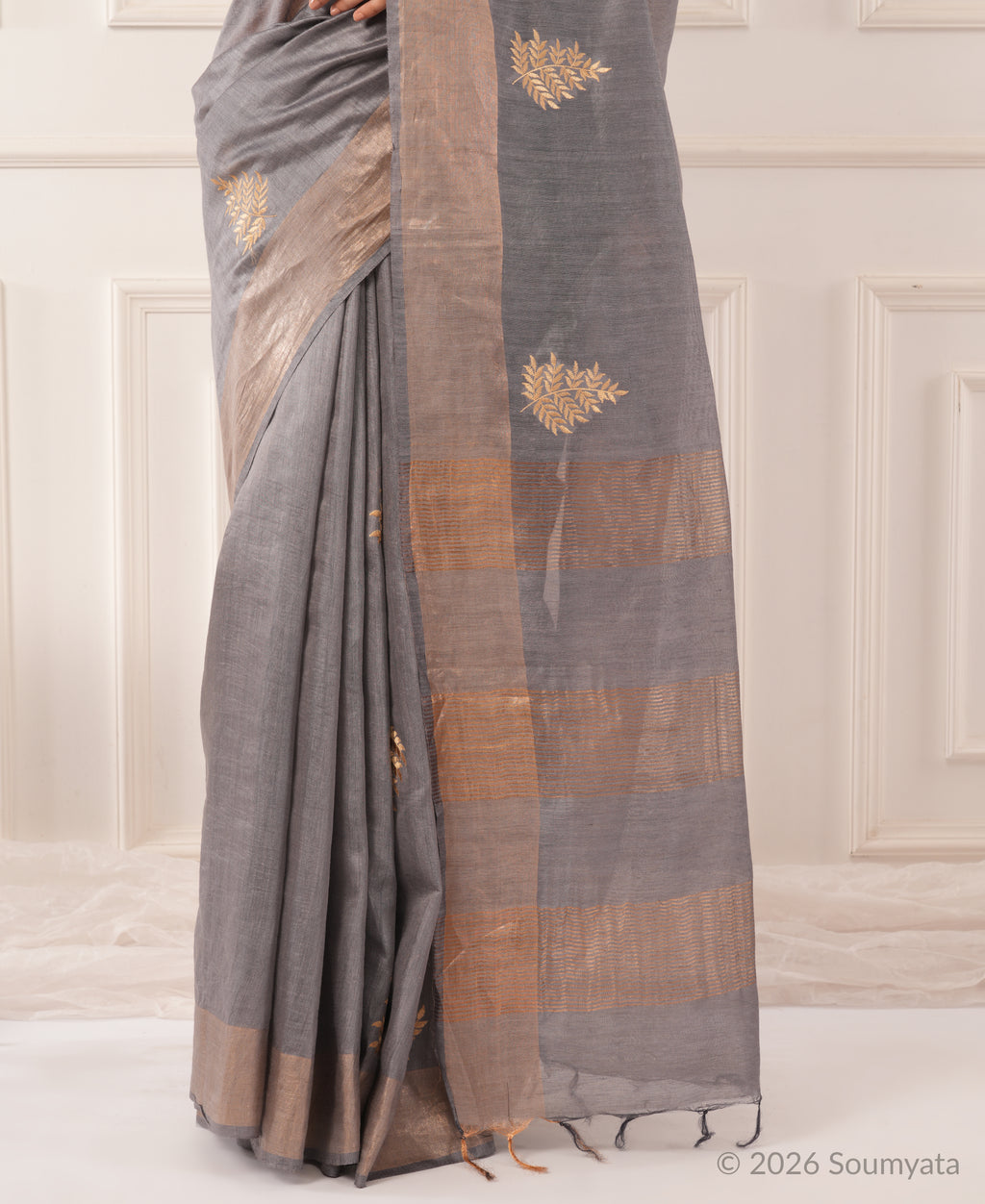 Silver Grey Embroidered Silk Saree with Gold Zari Border – Bhagalpuri