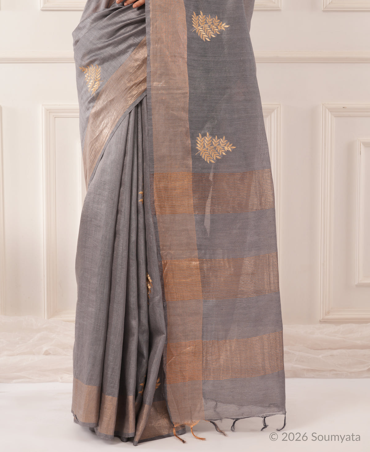Silver Grey Embroidered Silk Saree with Gold Zari Border – Bhagalpuri