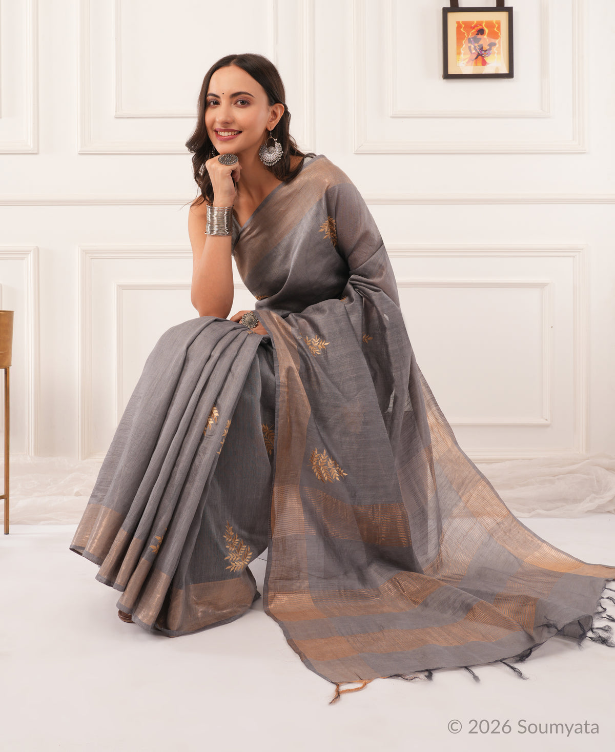 Silver Grey Embroidered Silk Saree with Gold Zari Border – Bhagalpuri