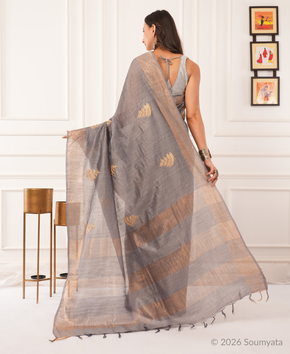 Silver Grey Embroidered Silk Saree with Gold Zari Border – Bhagalpuri